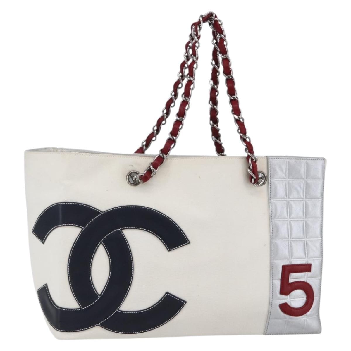 Chanel Choco Bar Chain Shoulder Bag No5 Canvas Ivory Silver CC Auth 149068