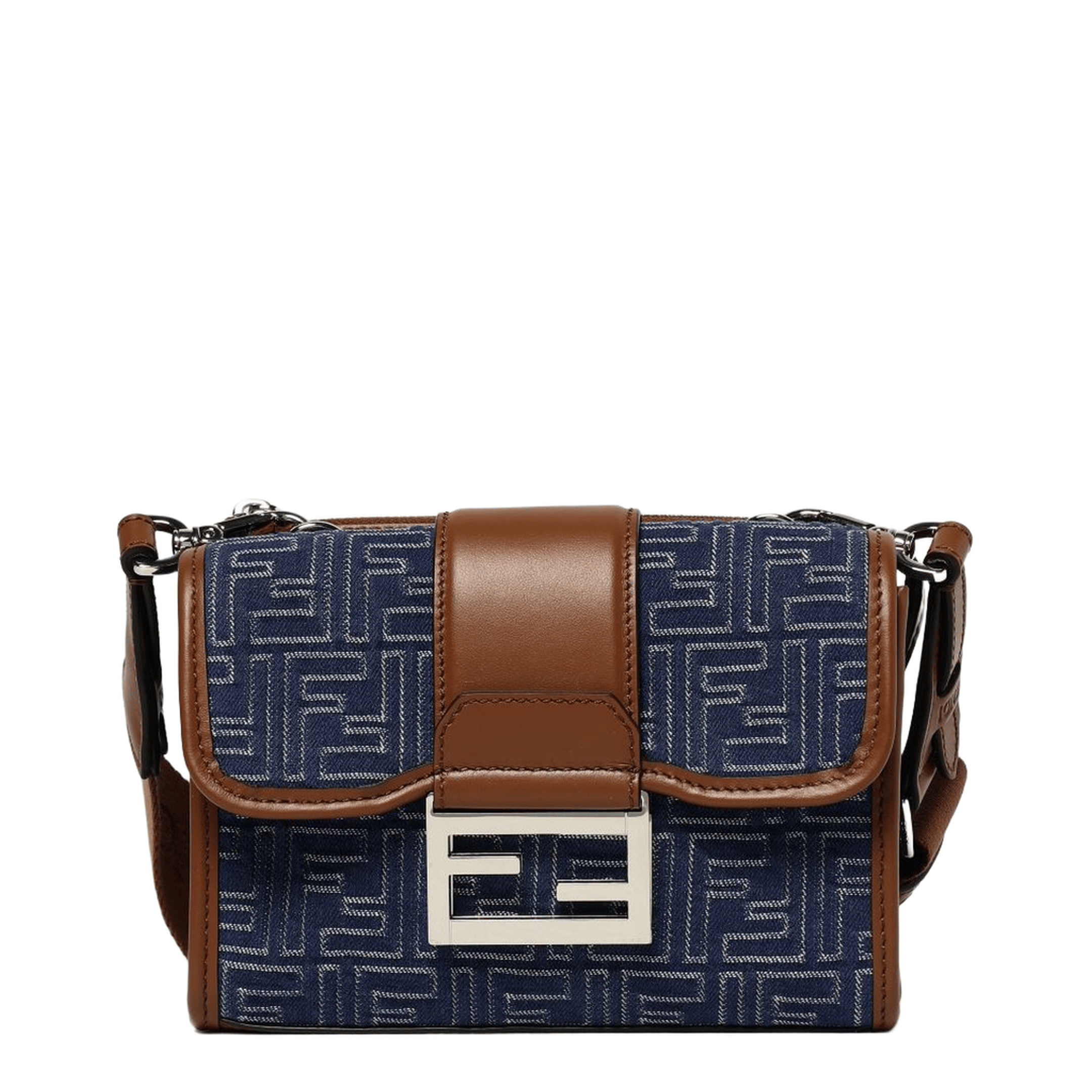 Fendi Double Baguette Denim - Effect FF Jacquard Crossbody - Blue
