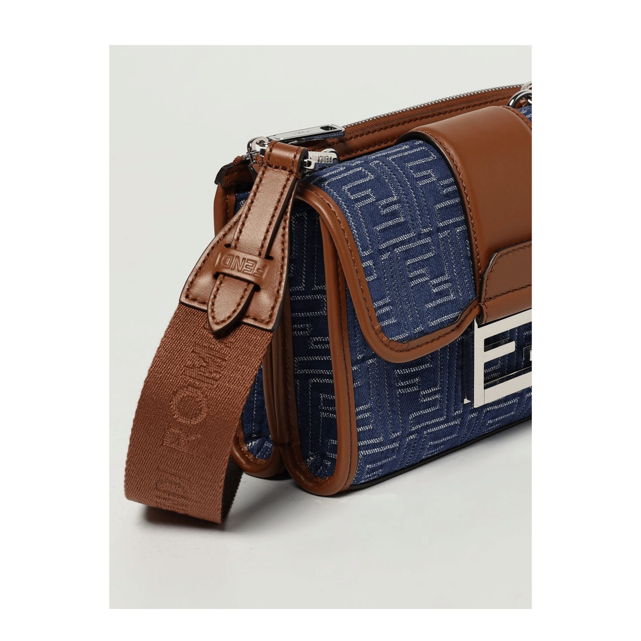 Fendi Double Baguette Denim - Effect FF Jacquard Crossbody - Blue