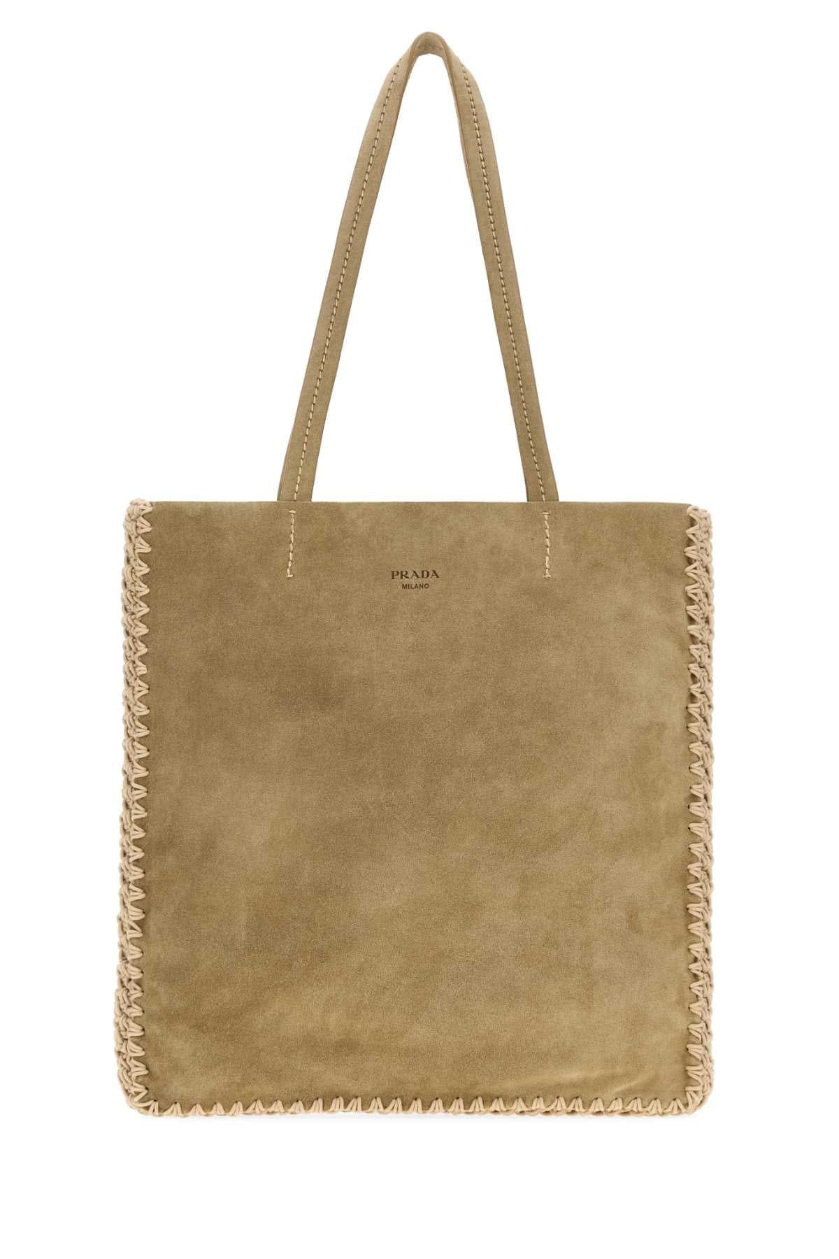 Prada Women Khaki Suede Large Shopping Bag