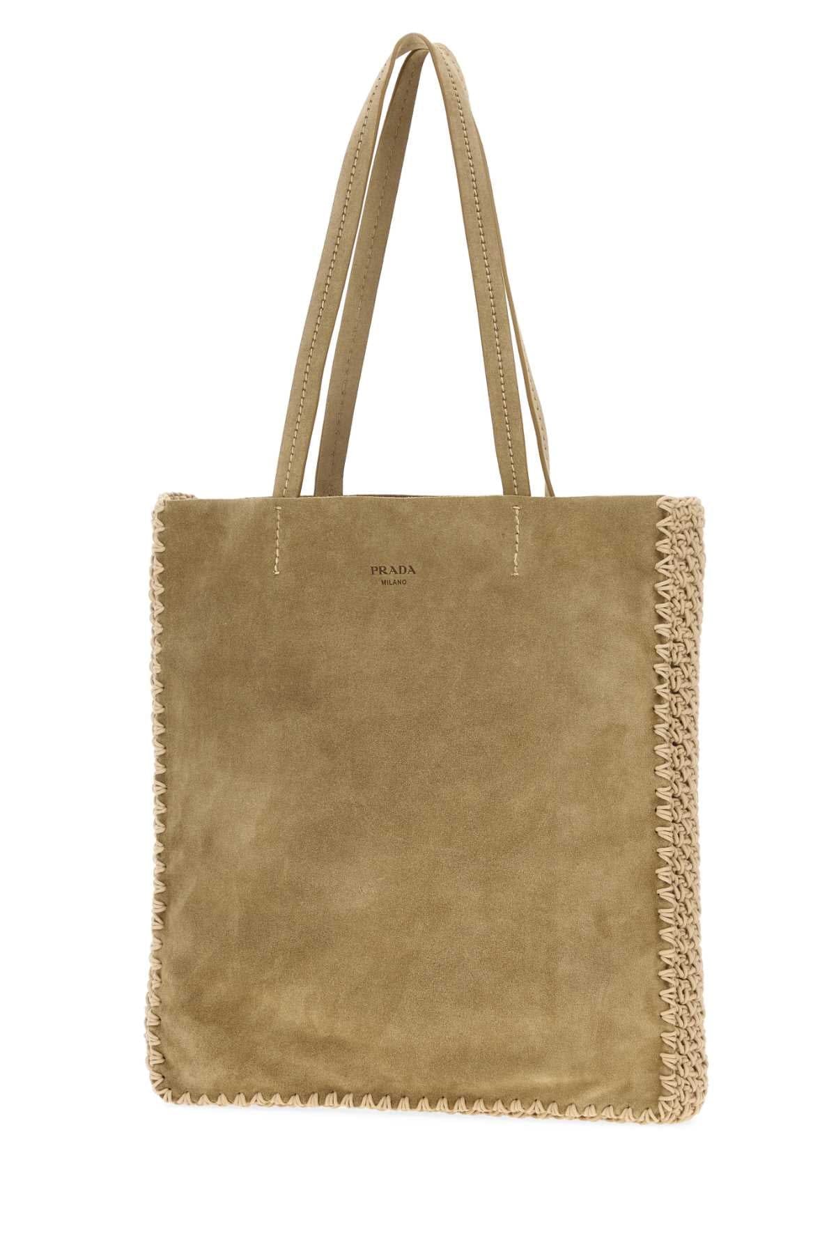 Prada Women Khaki Suede Large Shopping Bag