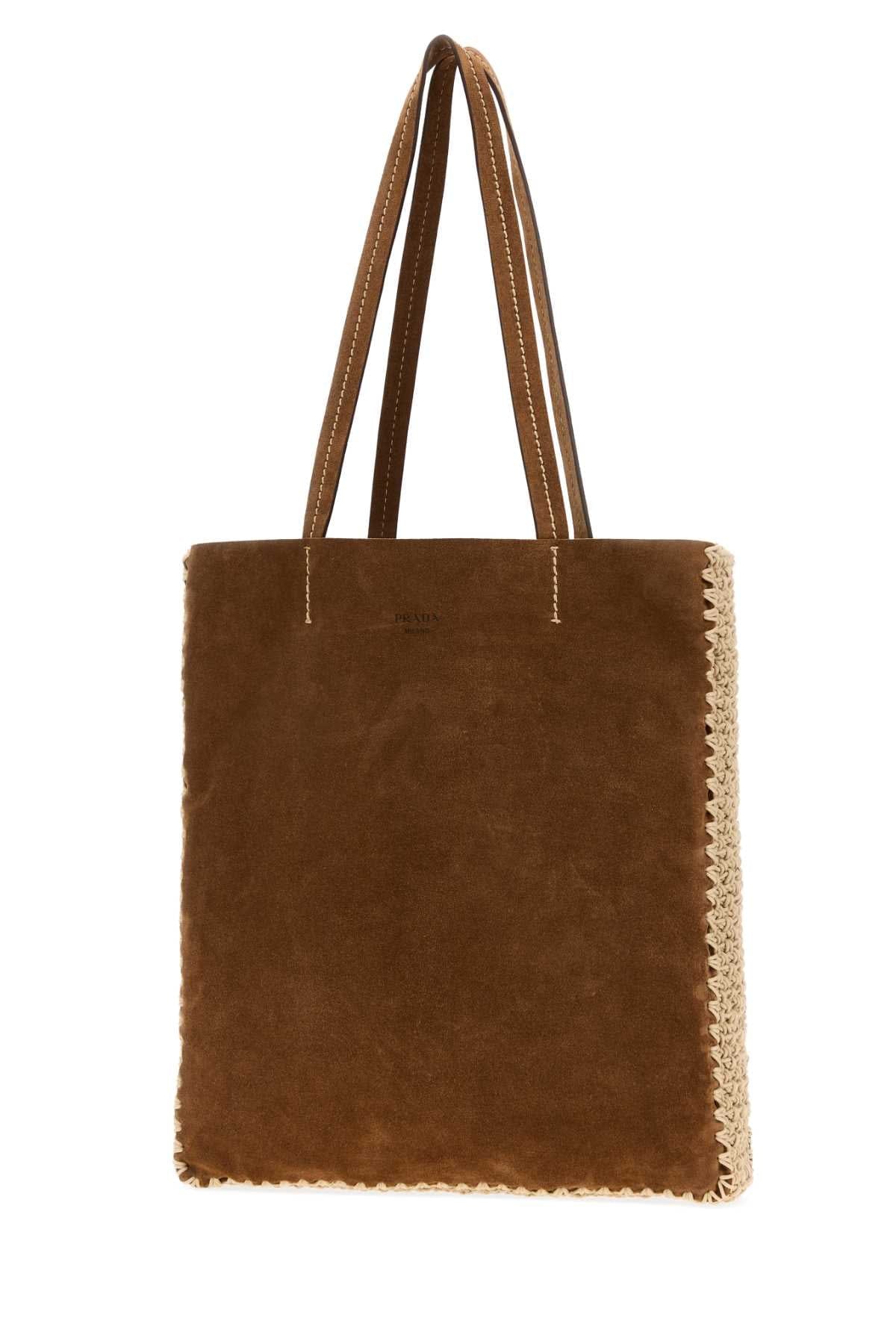 Prada Women Brown Suede Large Shopping Bag
