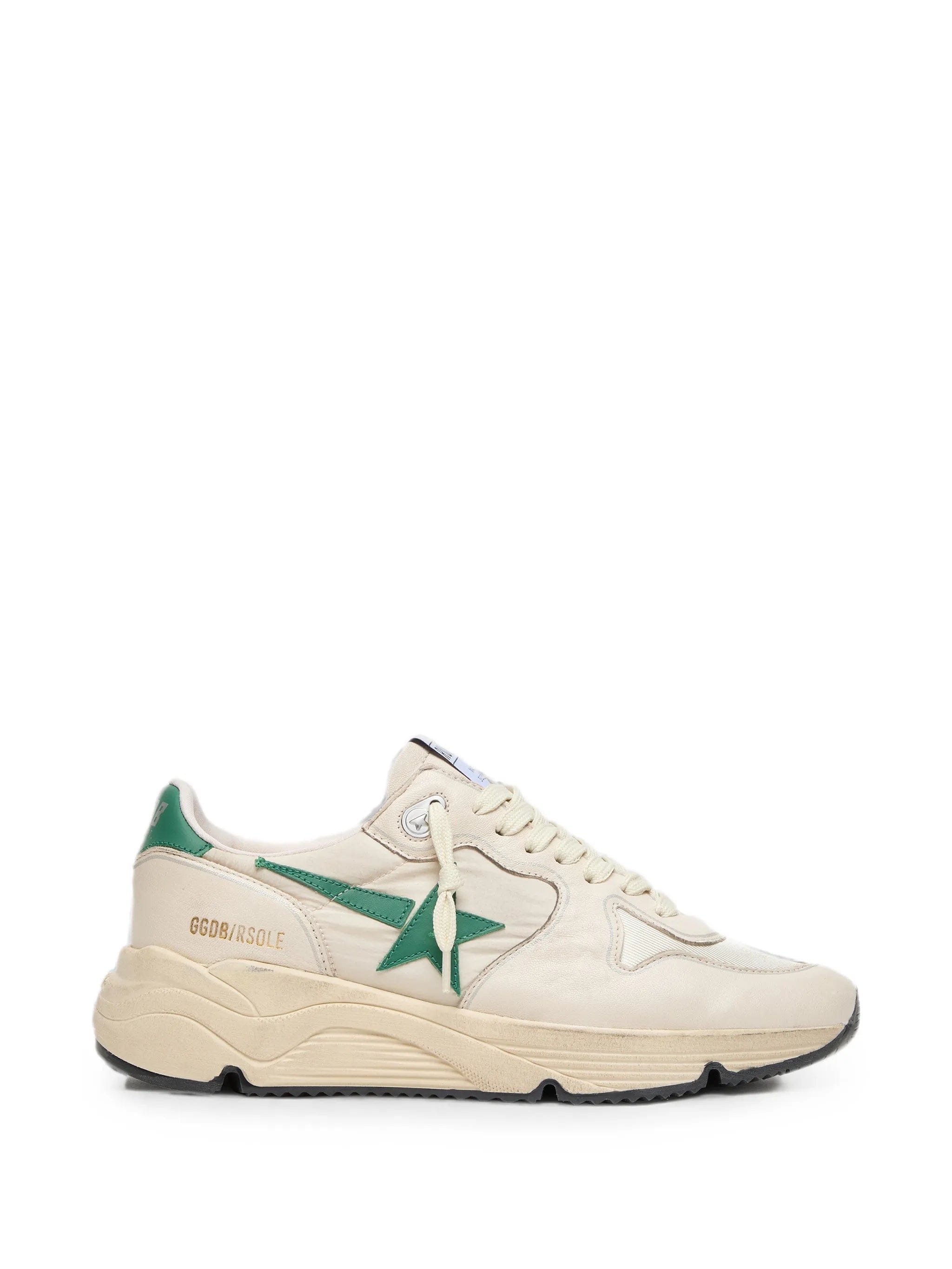 Golden Goose Running Sole in cream nylon and leather with green leather star sneakers