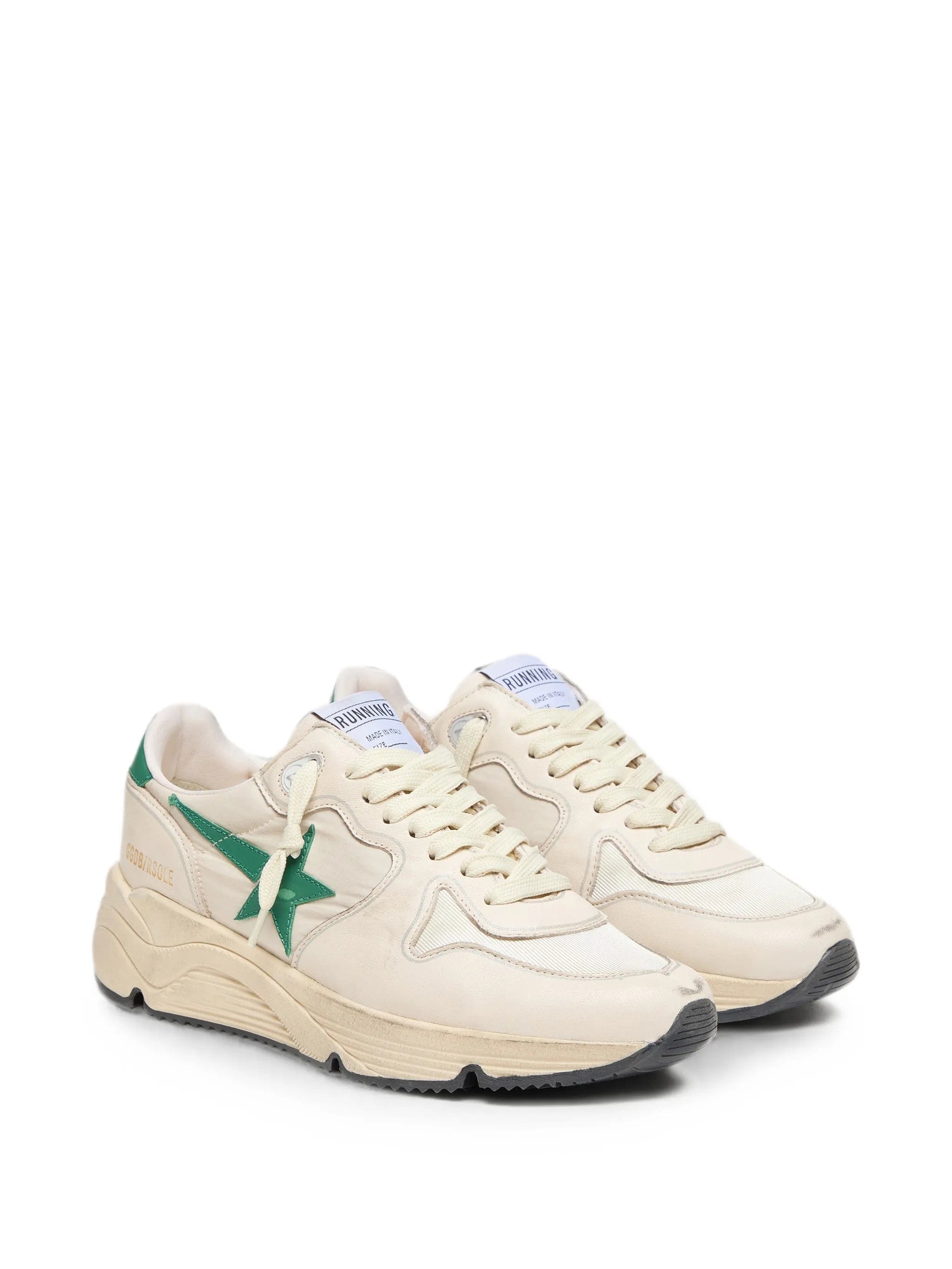 Golden Goose Running Sole in cream nylon and leather with green leather star sneakers