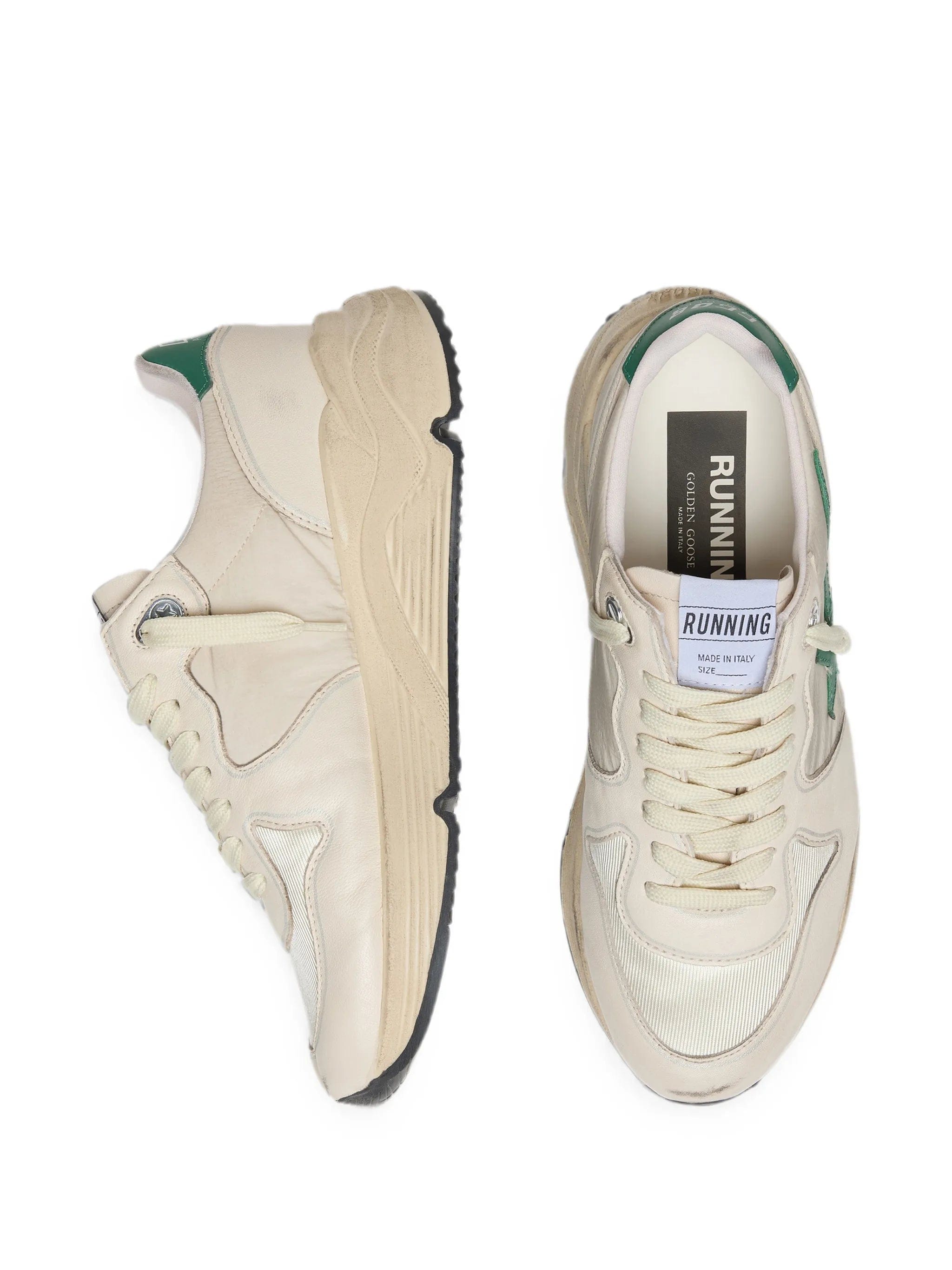 Golden Goose Running Sole in cream nylon and leather with green leather star sneakers