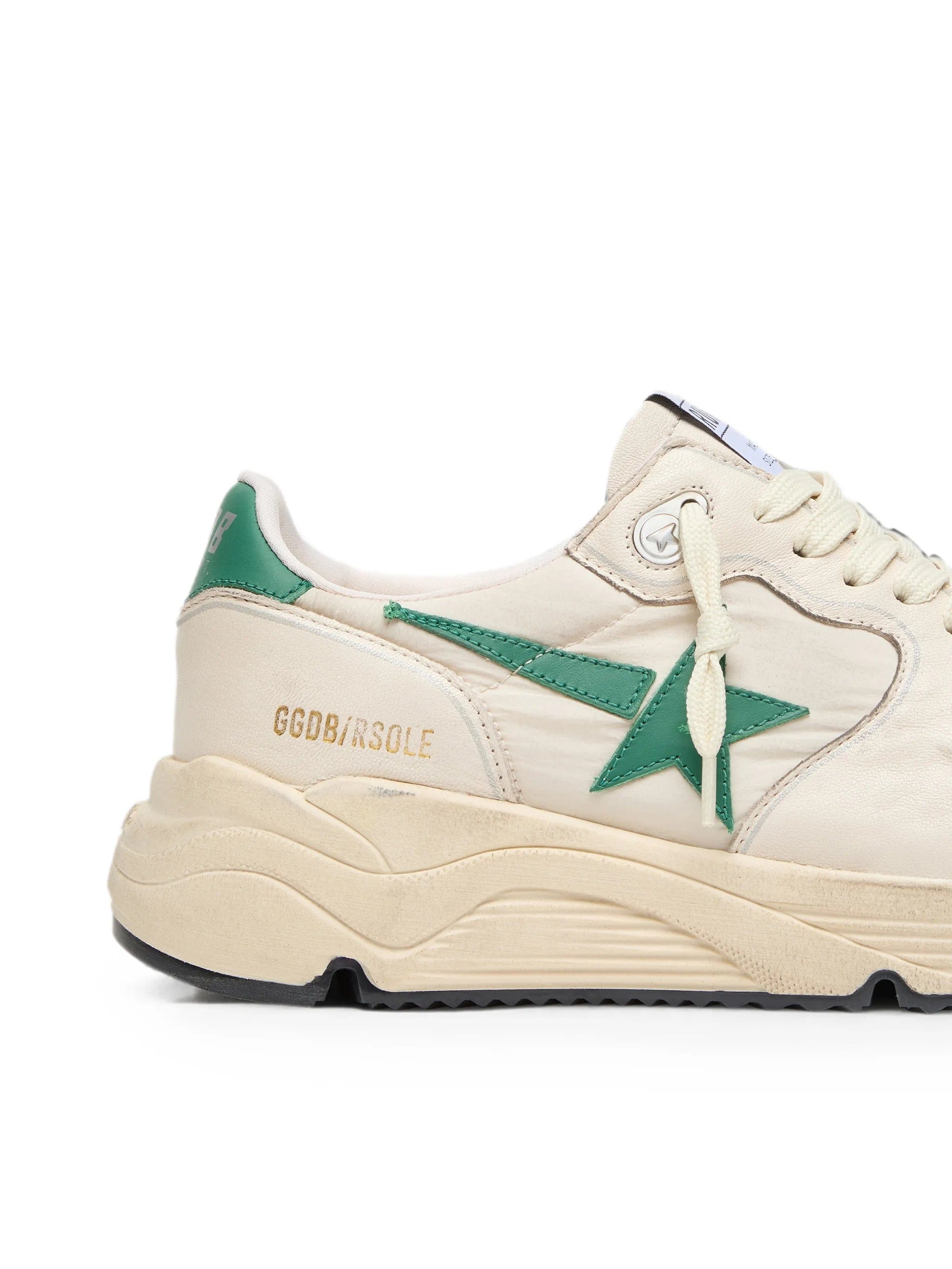 Golden Goose Running Sole in cream nylon and leather with green leather star sneakers