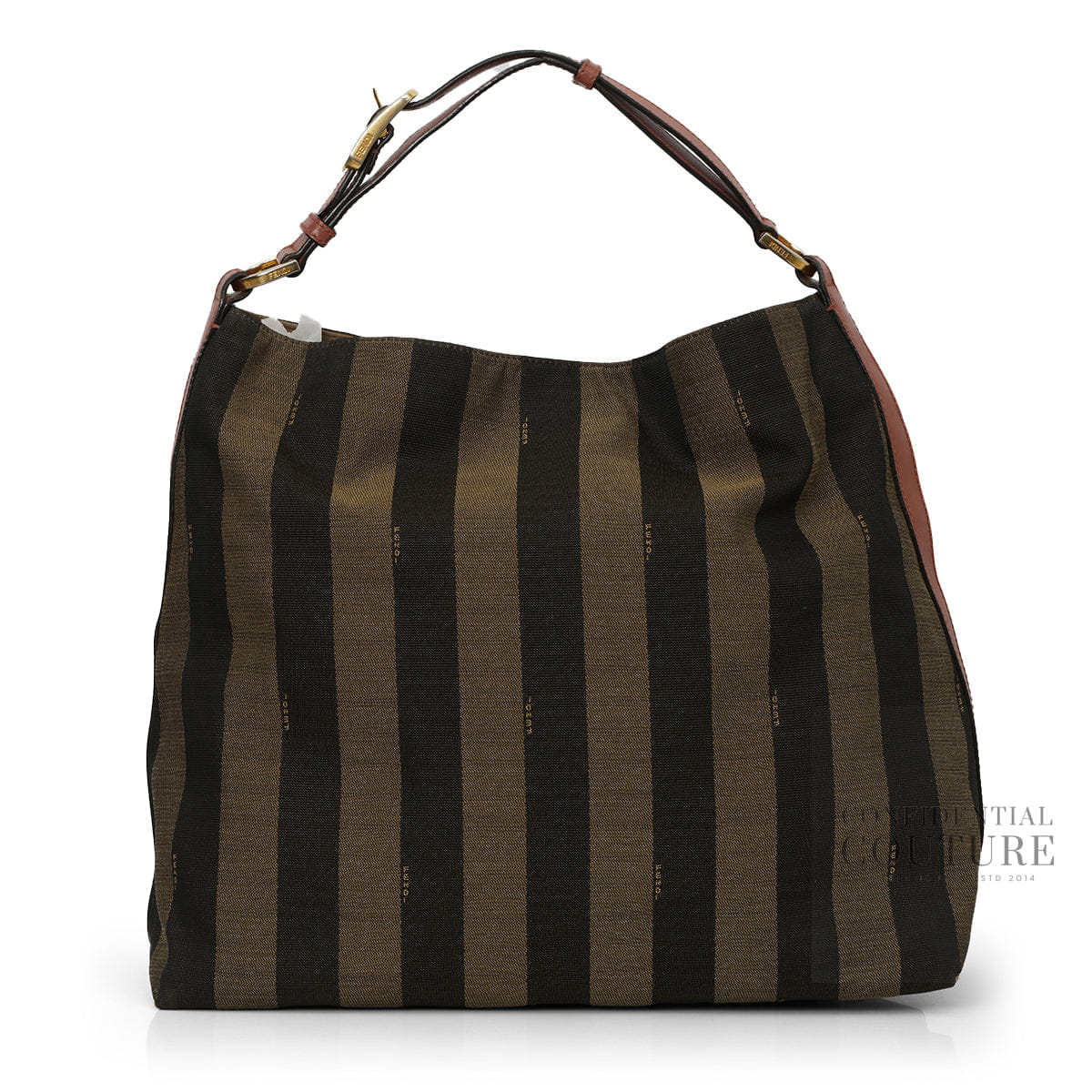 Fendi Dusty Rose Leather and Tobacco Pequin Stripe Canvas Hobo Bag