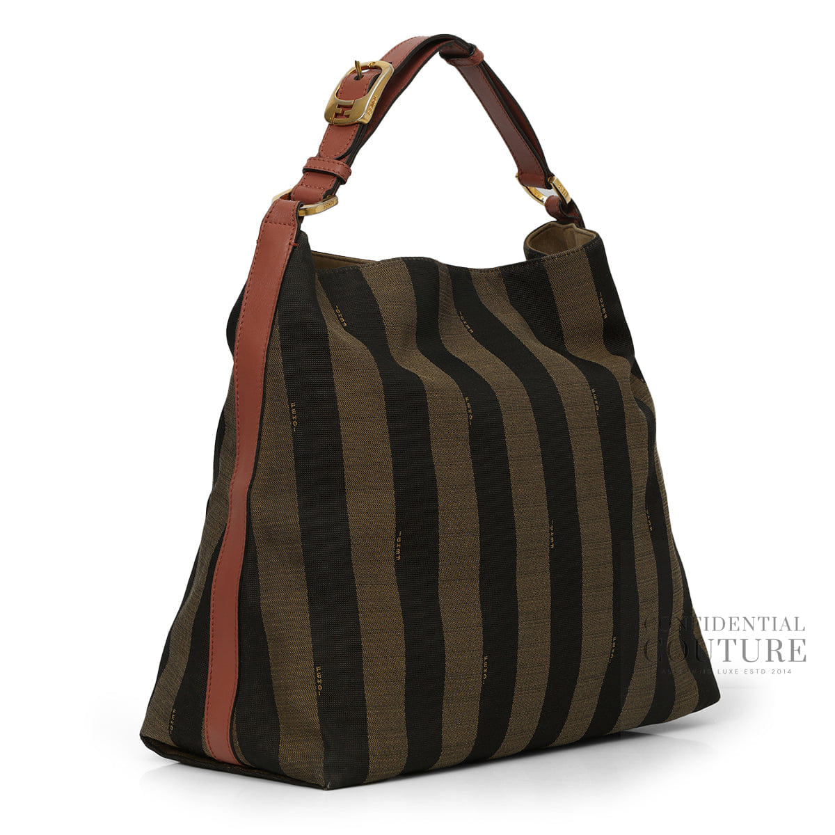 Fendi Dusty Rose Leather and Tobacco Pequin Stripe Canvas Hobo Bag
