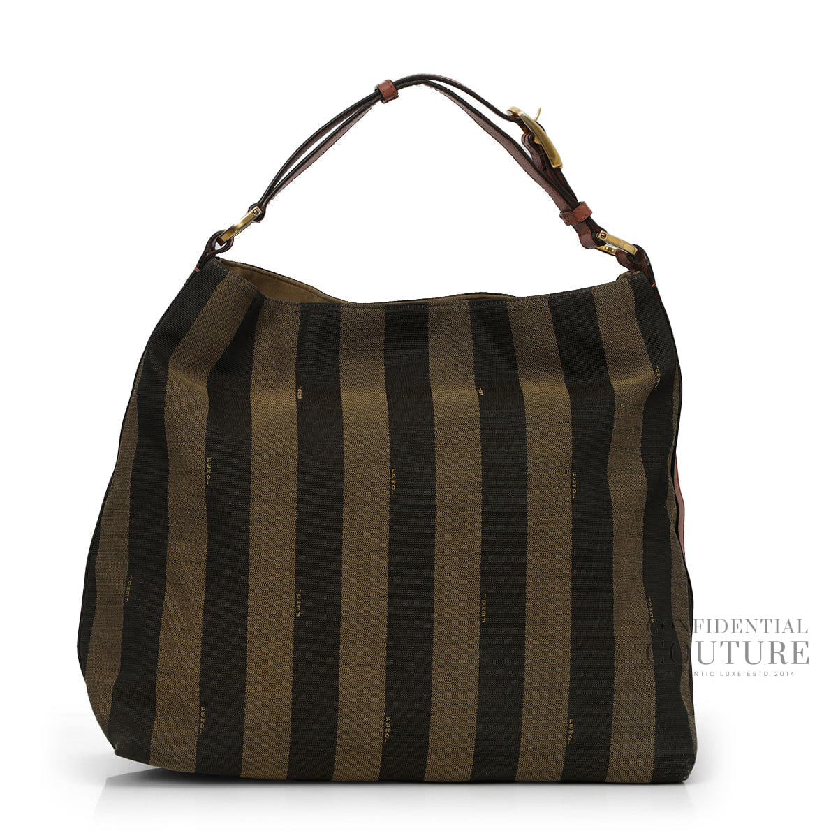 Fendi Dusty Rose Leather and Tobacco Pequin Stripe Canvas Hobo Bag