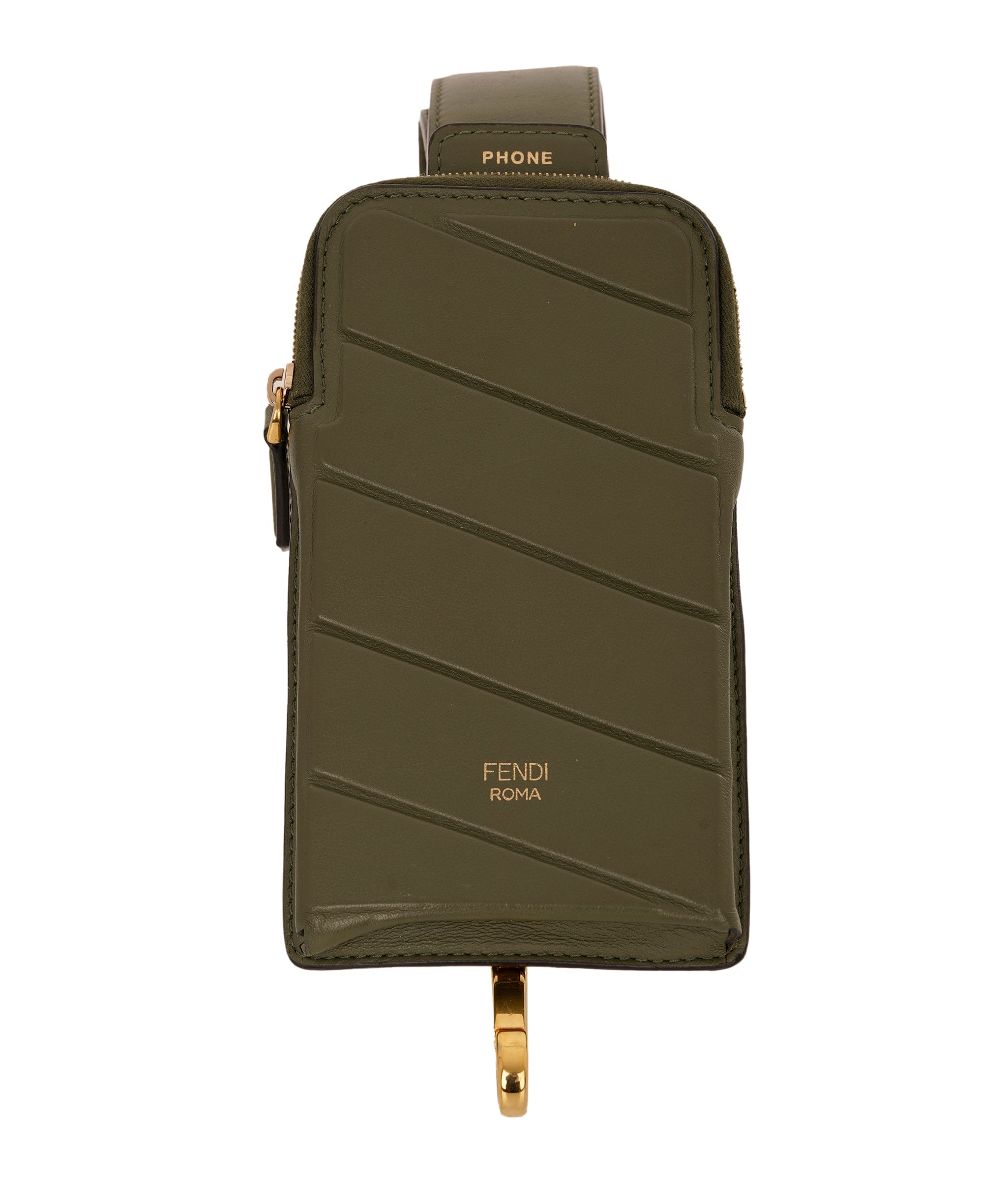 Fendi Khaki Green Leather Phone Bag Strap ANC1733
