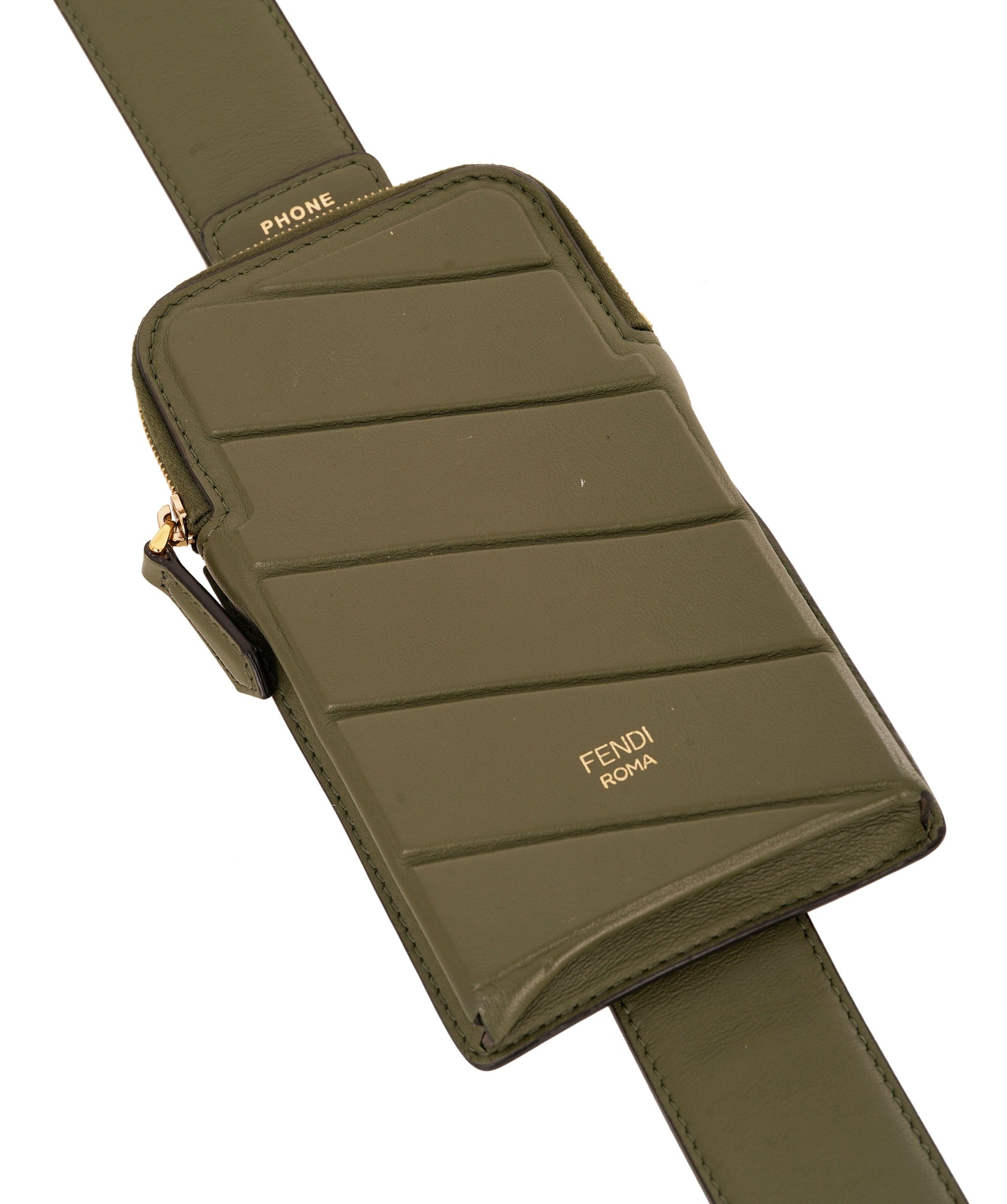 Fendi Khaki Green Leather Phone Bag Strap ANC1733