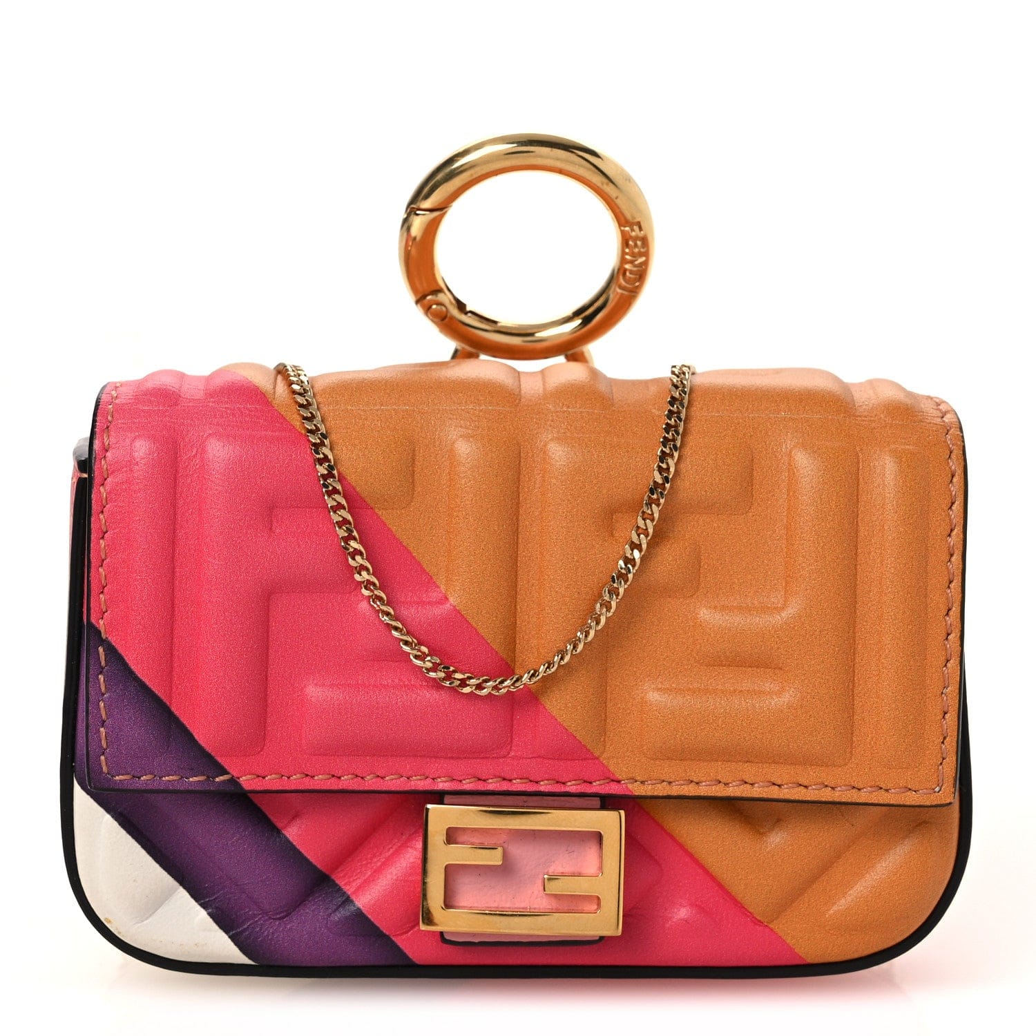 Fendi Nappa FF Embossed Line Print Nano Baguette Charm White Multicolor