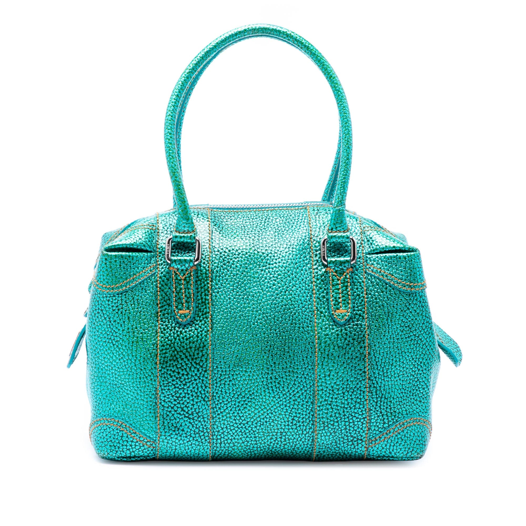 Fendi Metallic Pebbled Leather Mixed Media Boston Bag