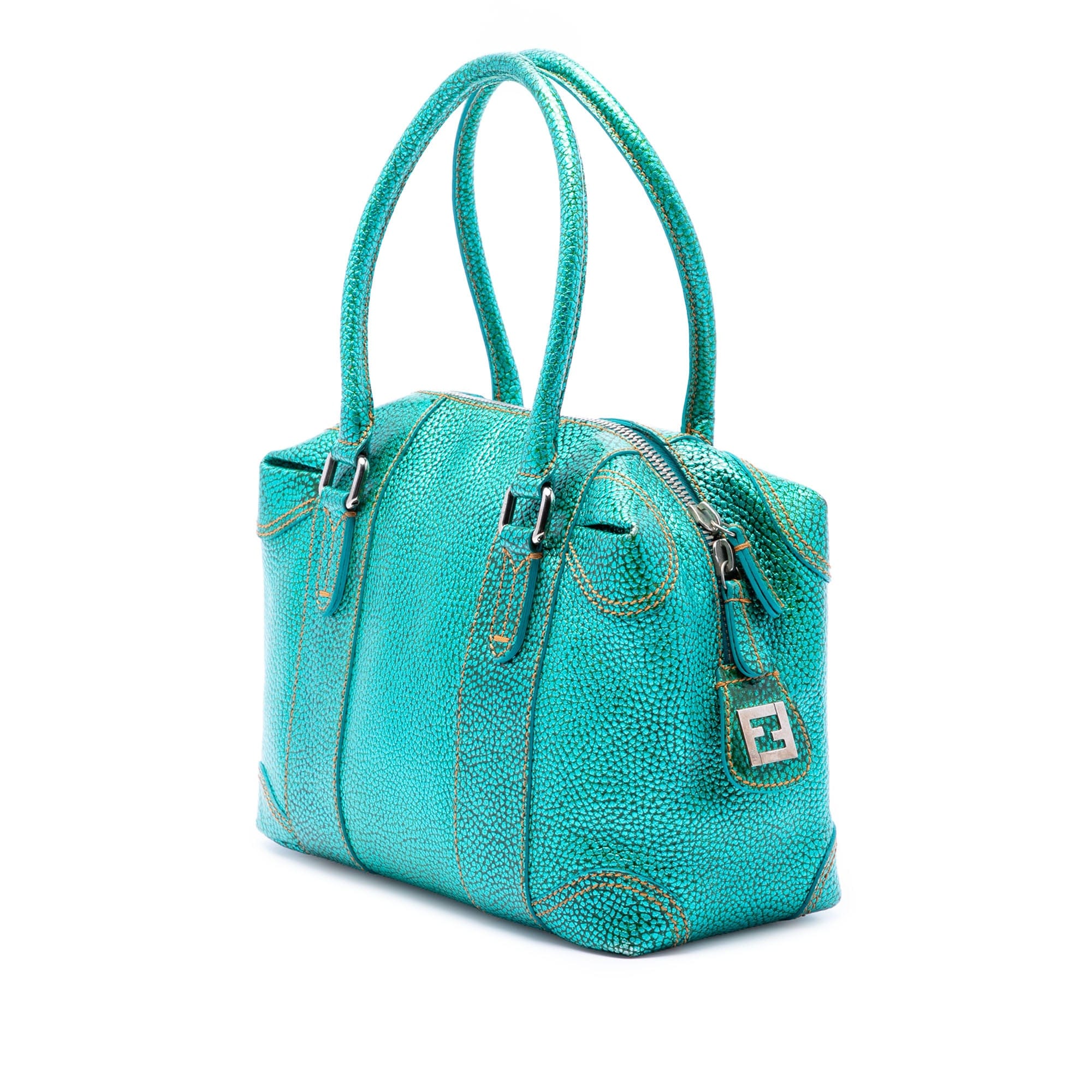 Fendi Metallic Pebbled Leather Mixed Media Boston Bag