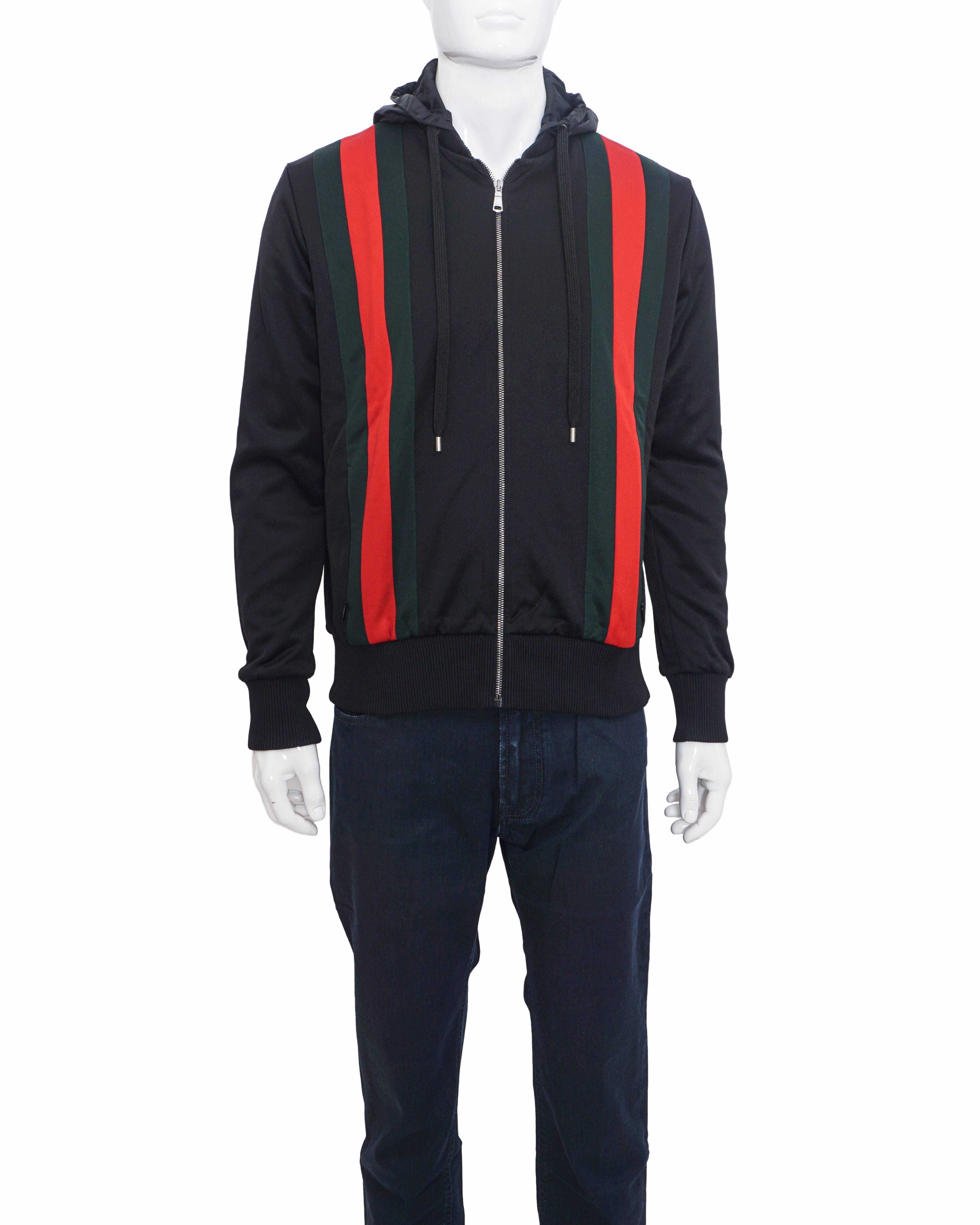 Gucci Black Web Striped Zip - Up Hooded Jacket