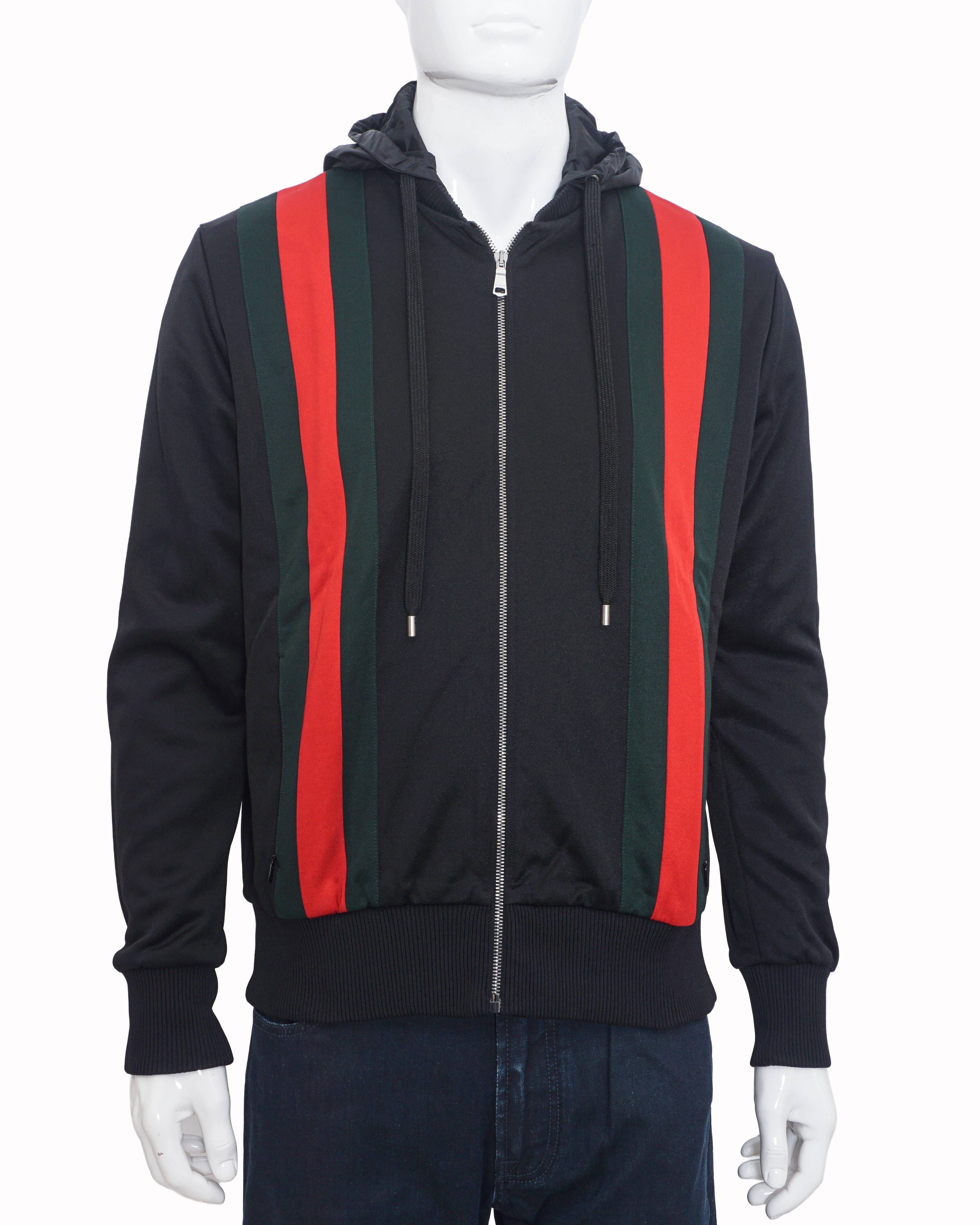 Gucci Black Web Striped Zip - Up Hooded Jacket