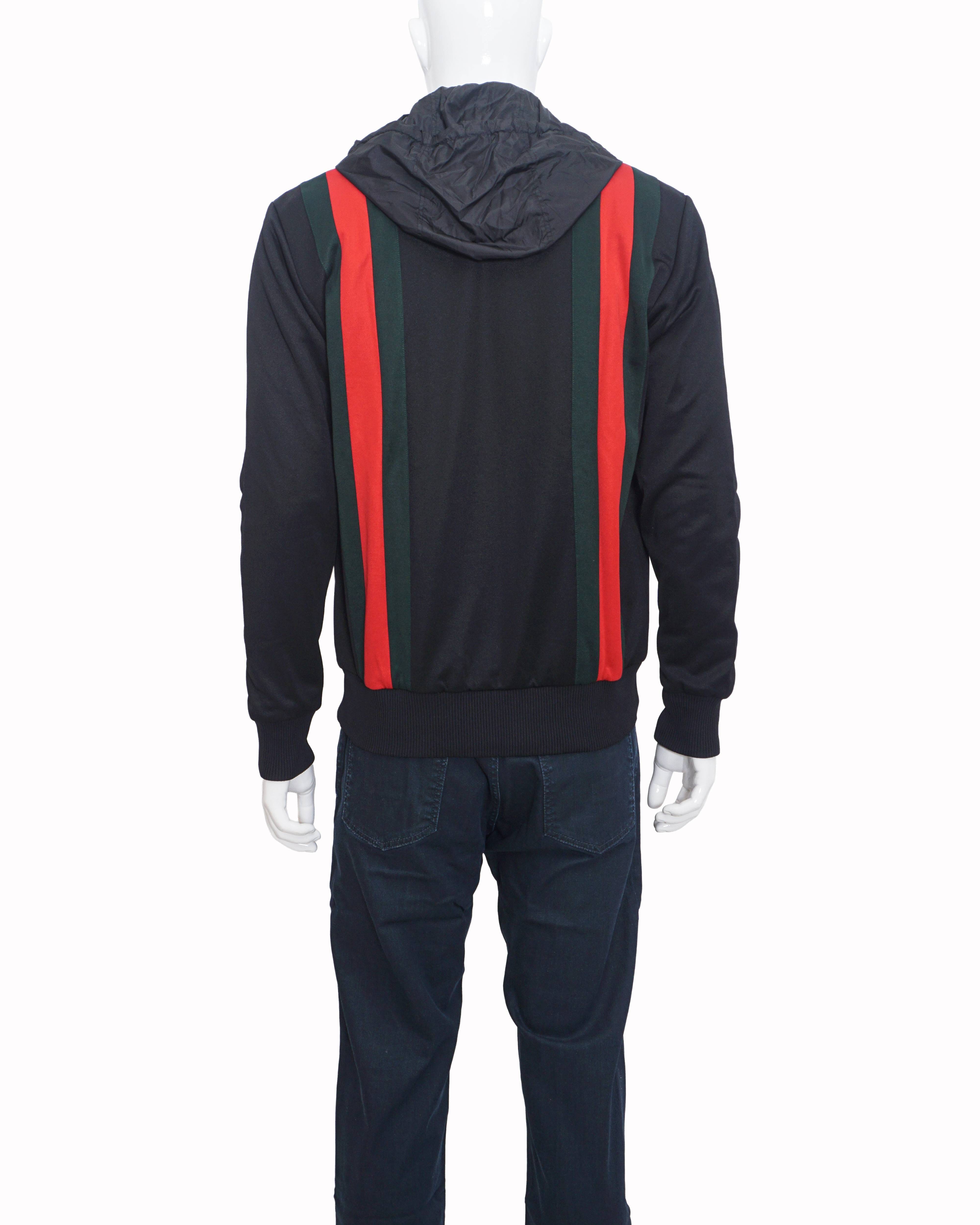 Gucci Black Web Striped Zip - Up Hooded Jacket