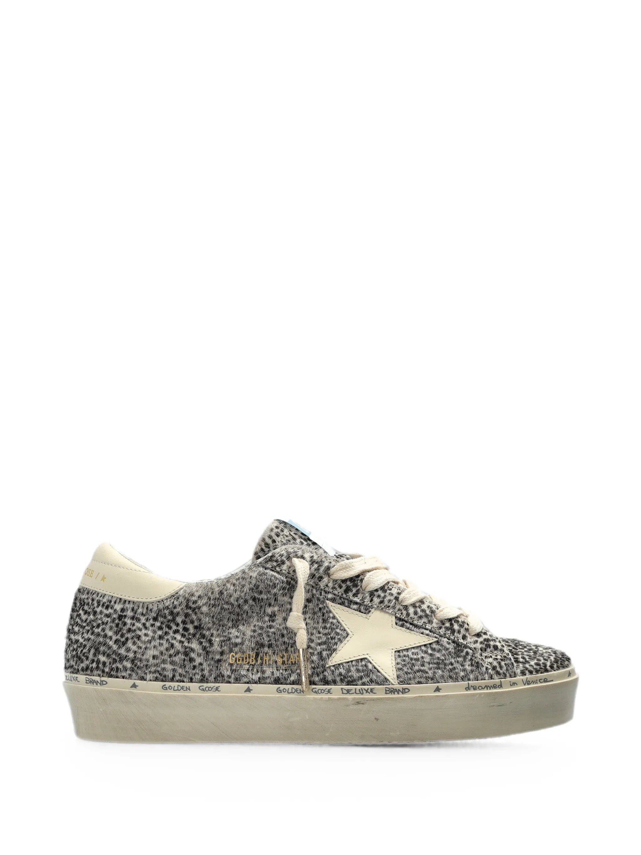 Golden Goose Hi Star in black and white pony skin with white leather star sneakers