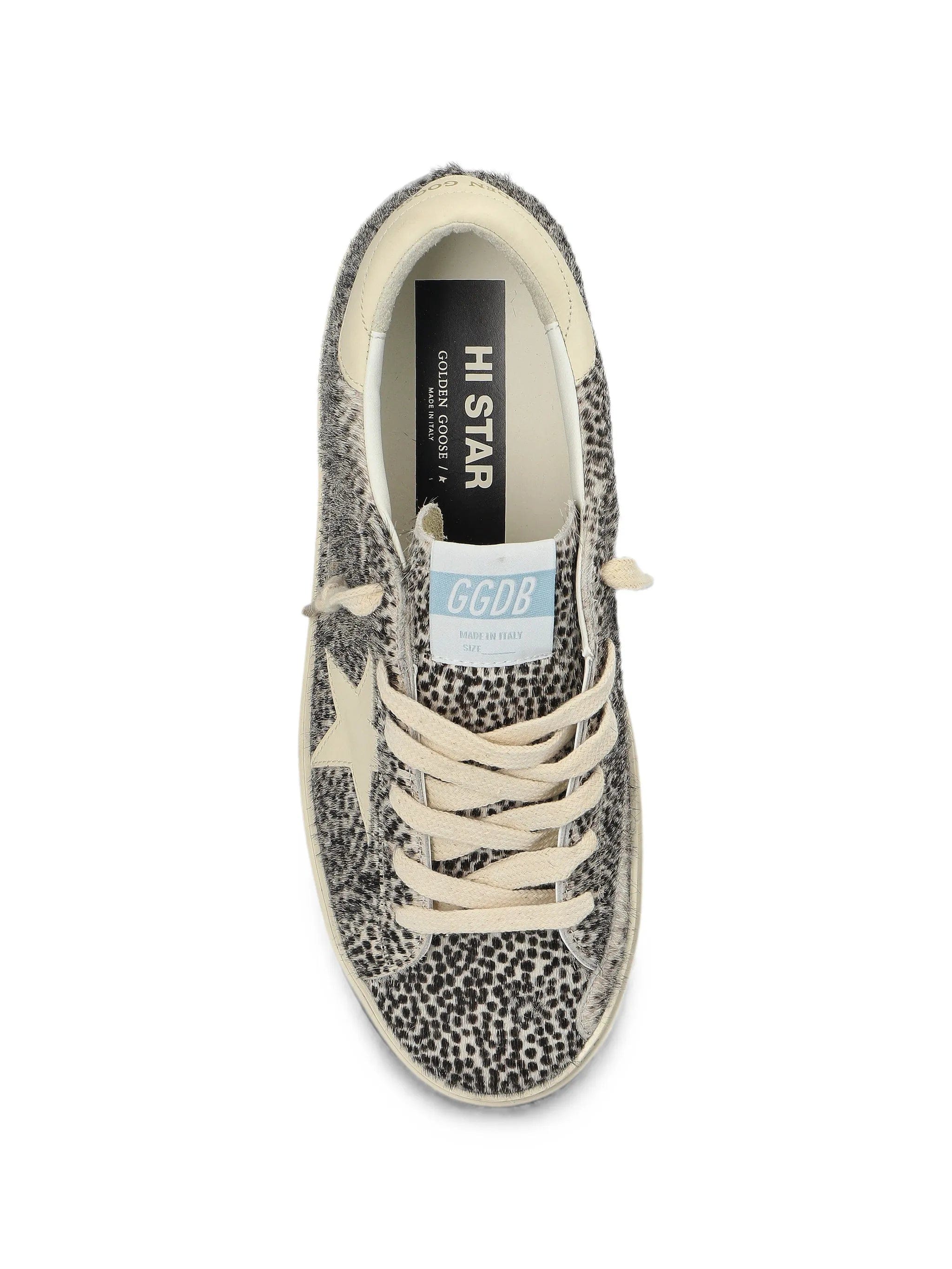 Golden Goose Hi Star in black and white pony skin with white leather star sneakers