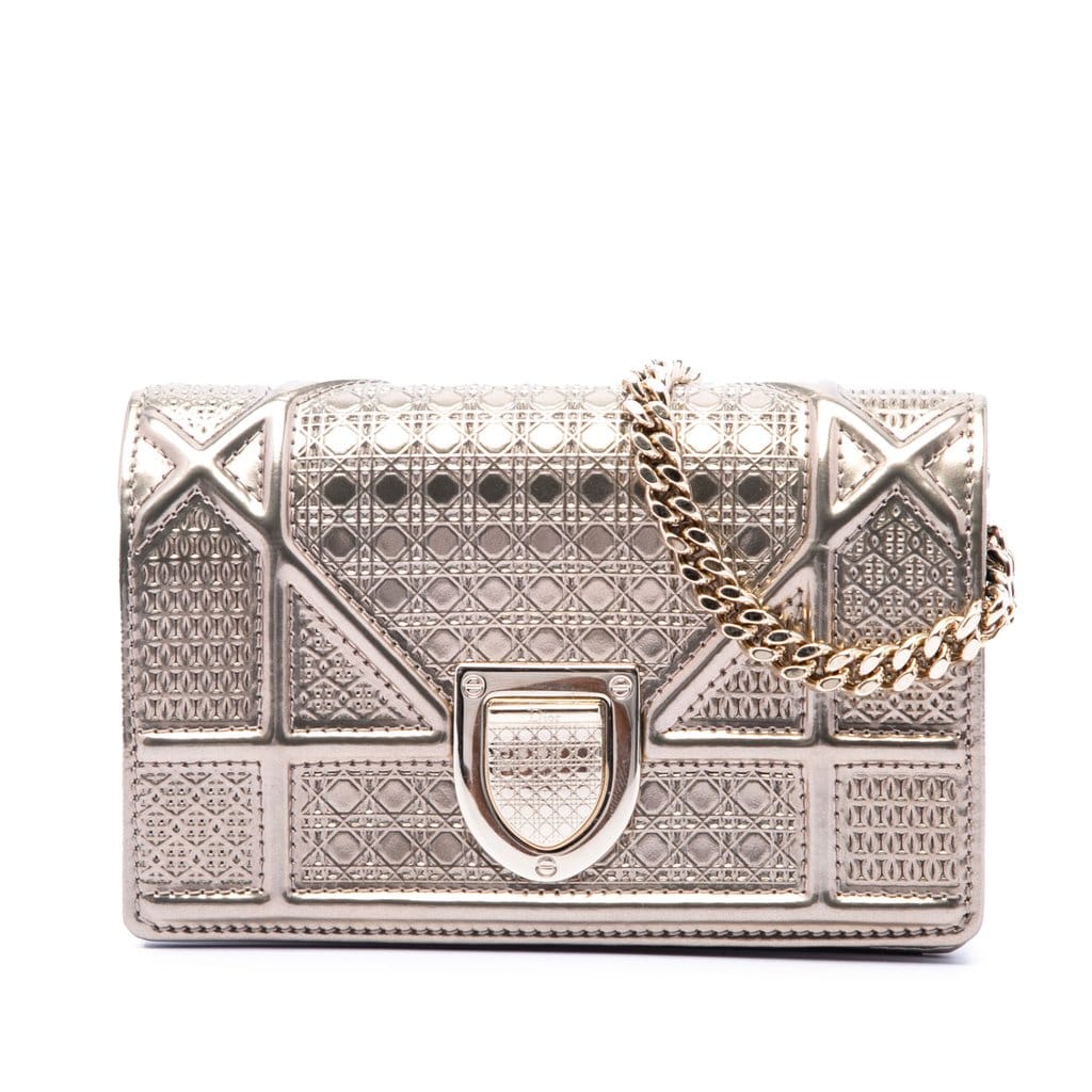 Dior Metallic Patent Microcannage Diorama Wallet on Chain