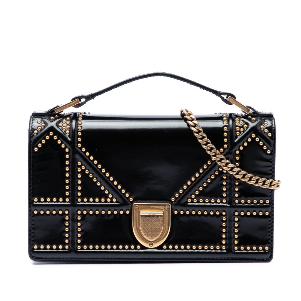 Dior Studded Patent Diorama Top Handle Wallet on Chain