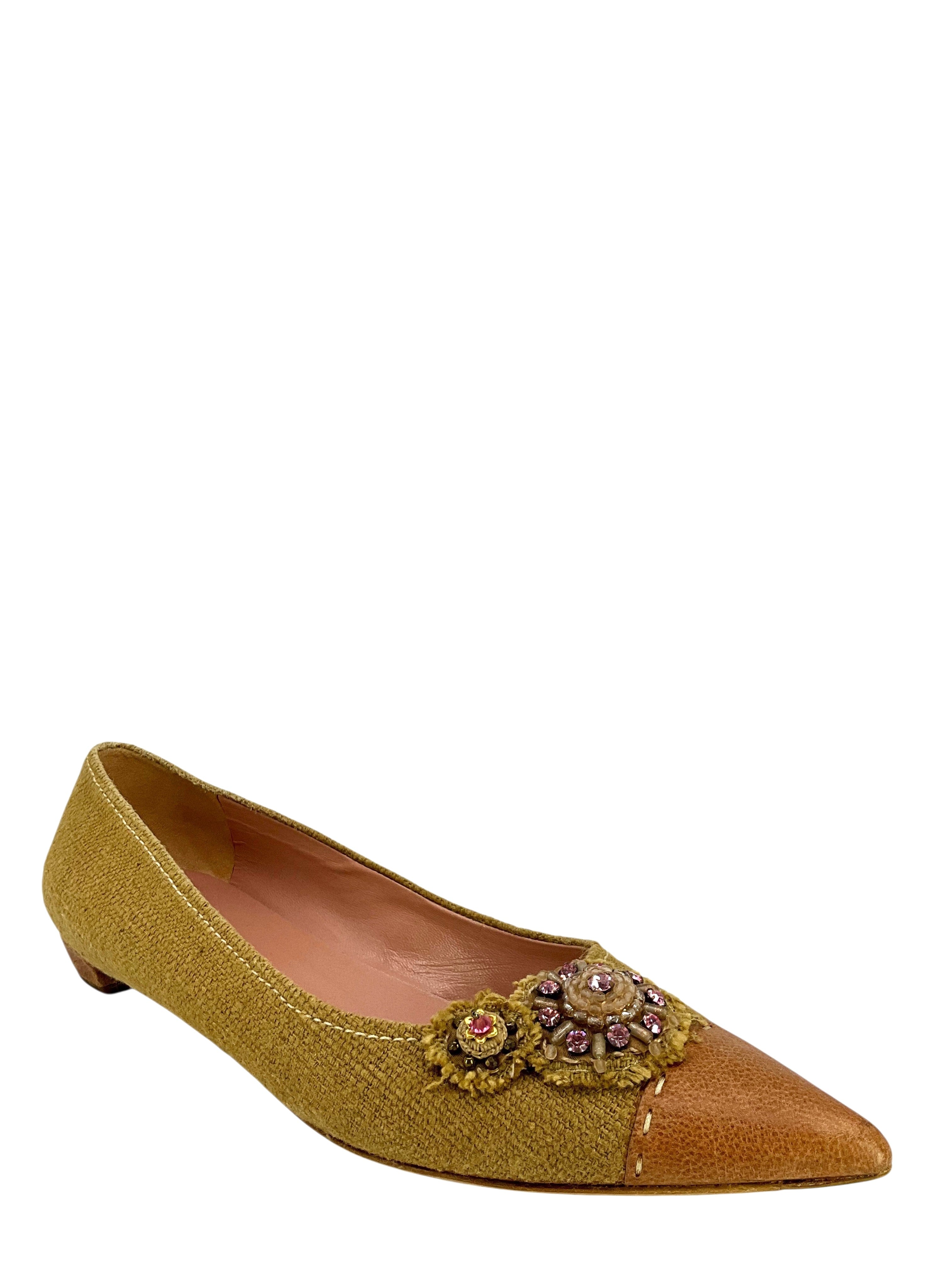 Prada Burlap and Leather Cap Toe Embellished Flats Size 10.5