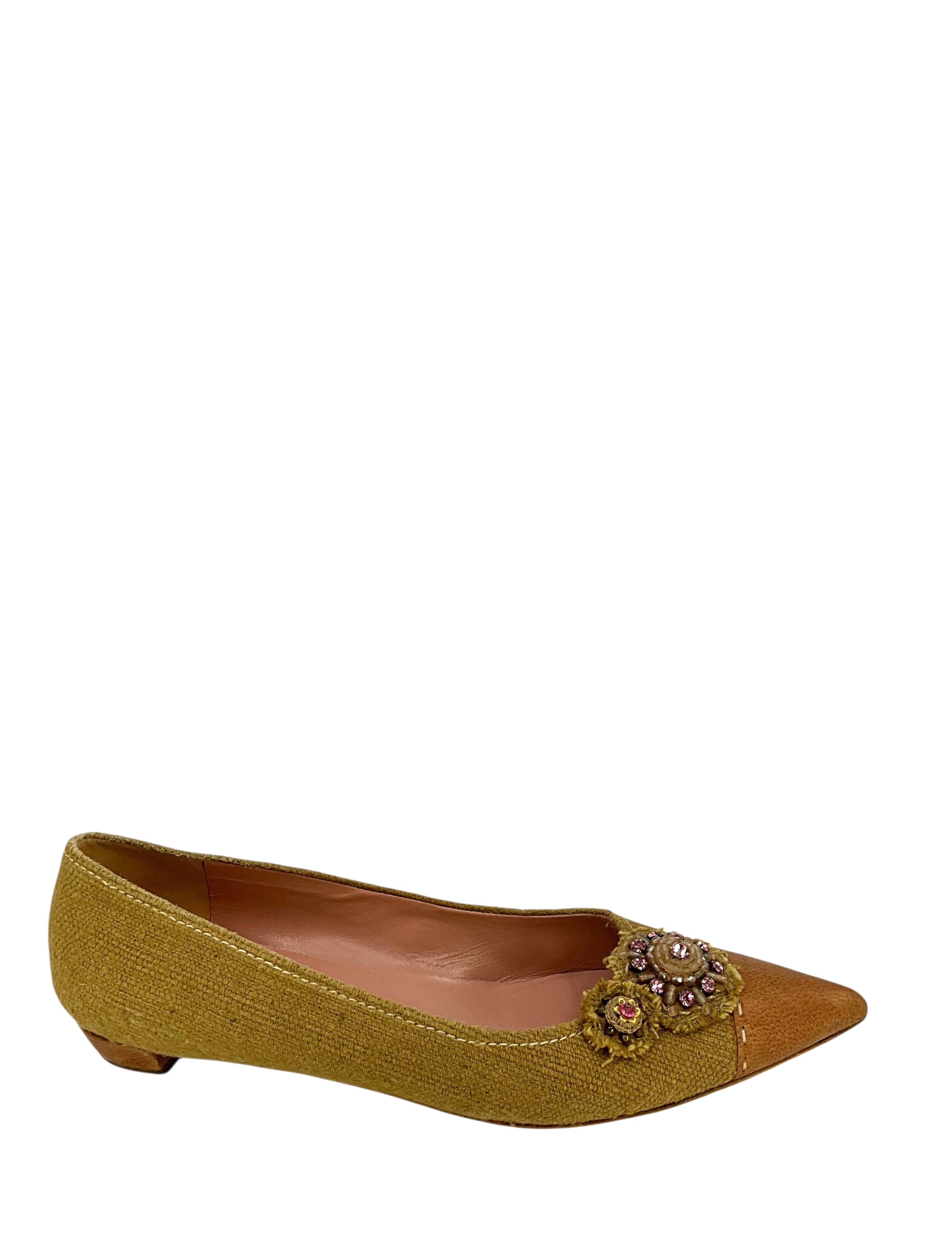 Prada Burlap and Leather Cap Toe Embellished Flats Size 10.5
