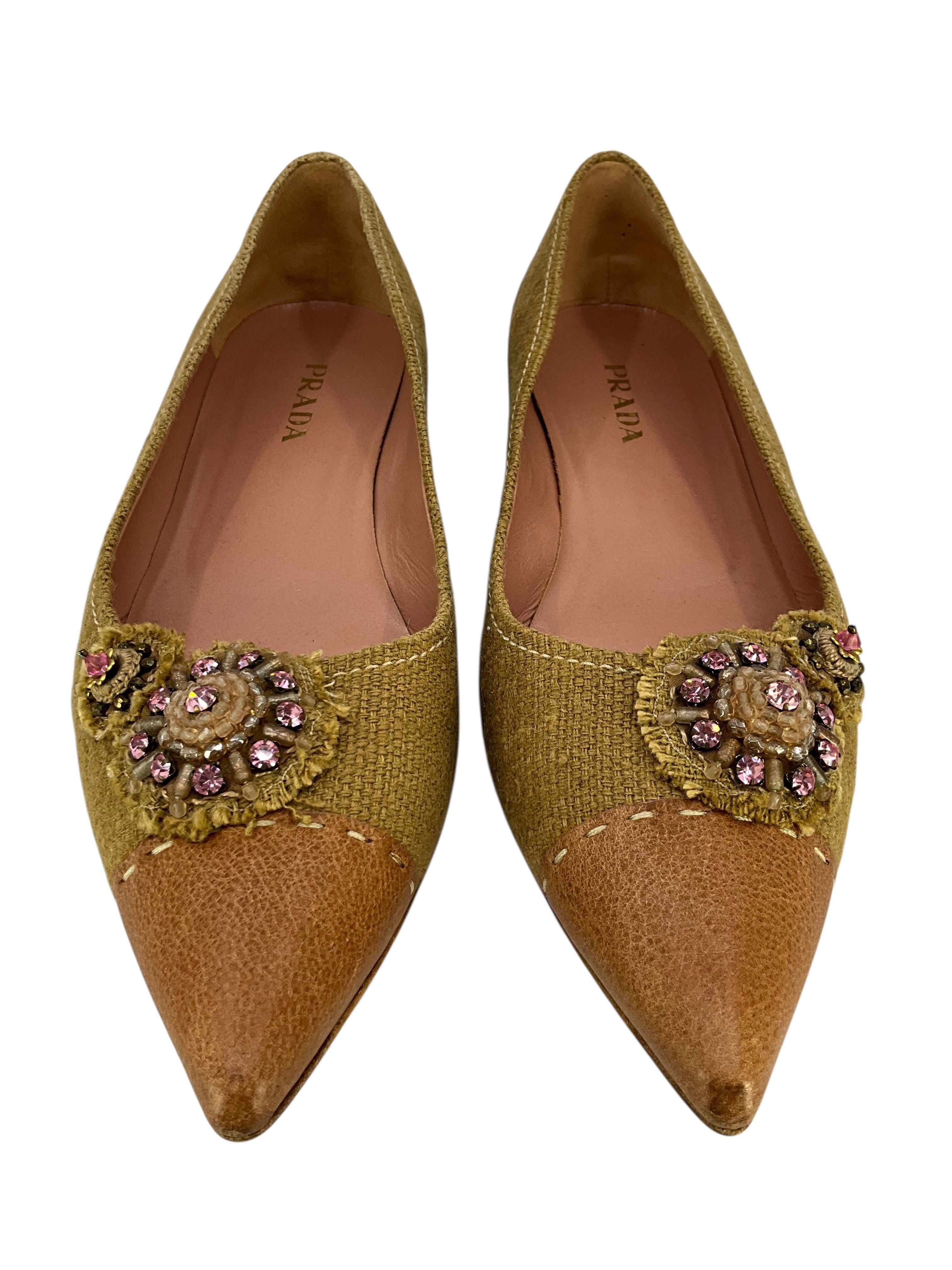 Prada Burlap and Leather Cap Toe Embellished Flats Size 10.5