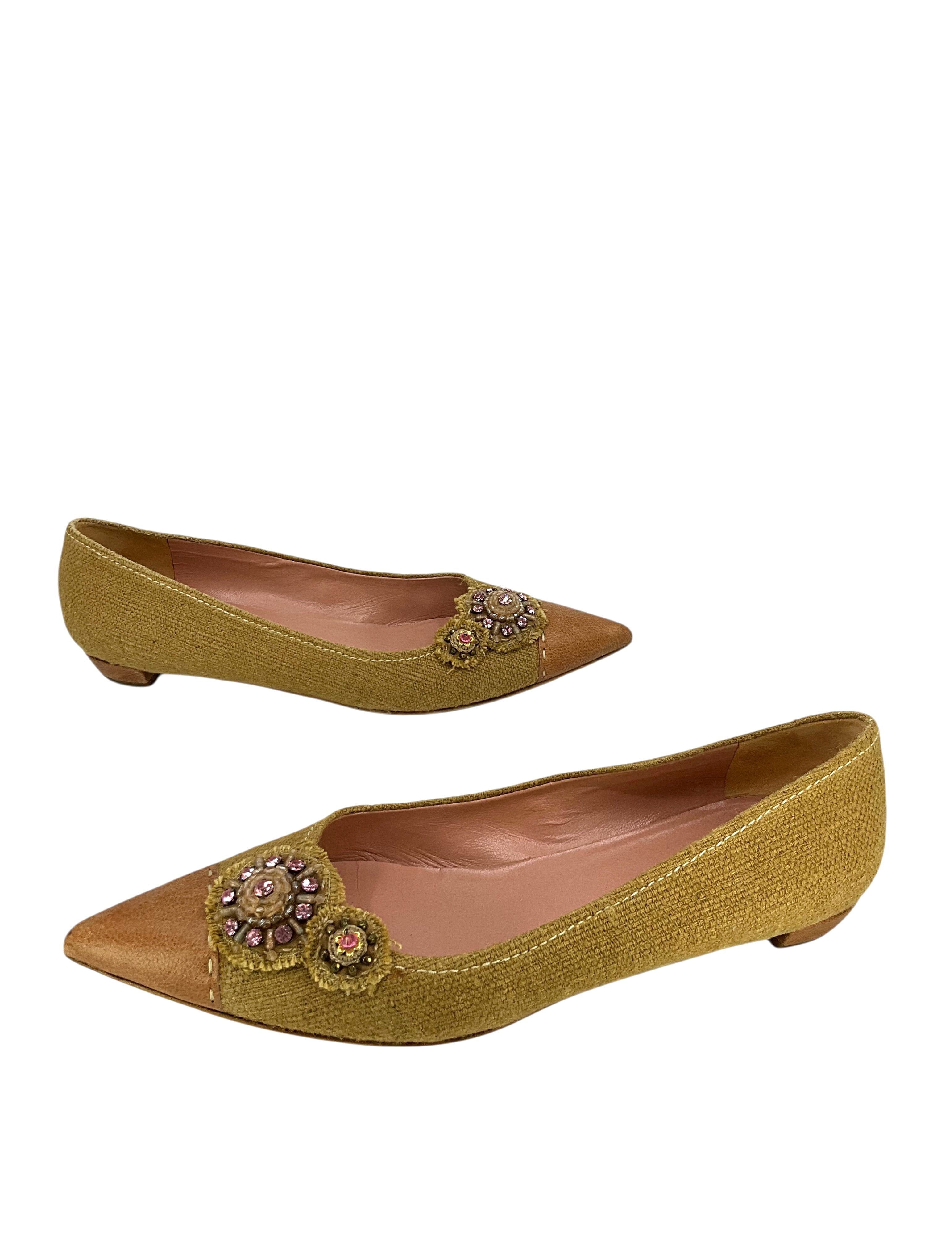 Prada Burlap and Leather Cap Toe Embellished Flats Size 10.5