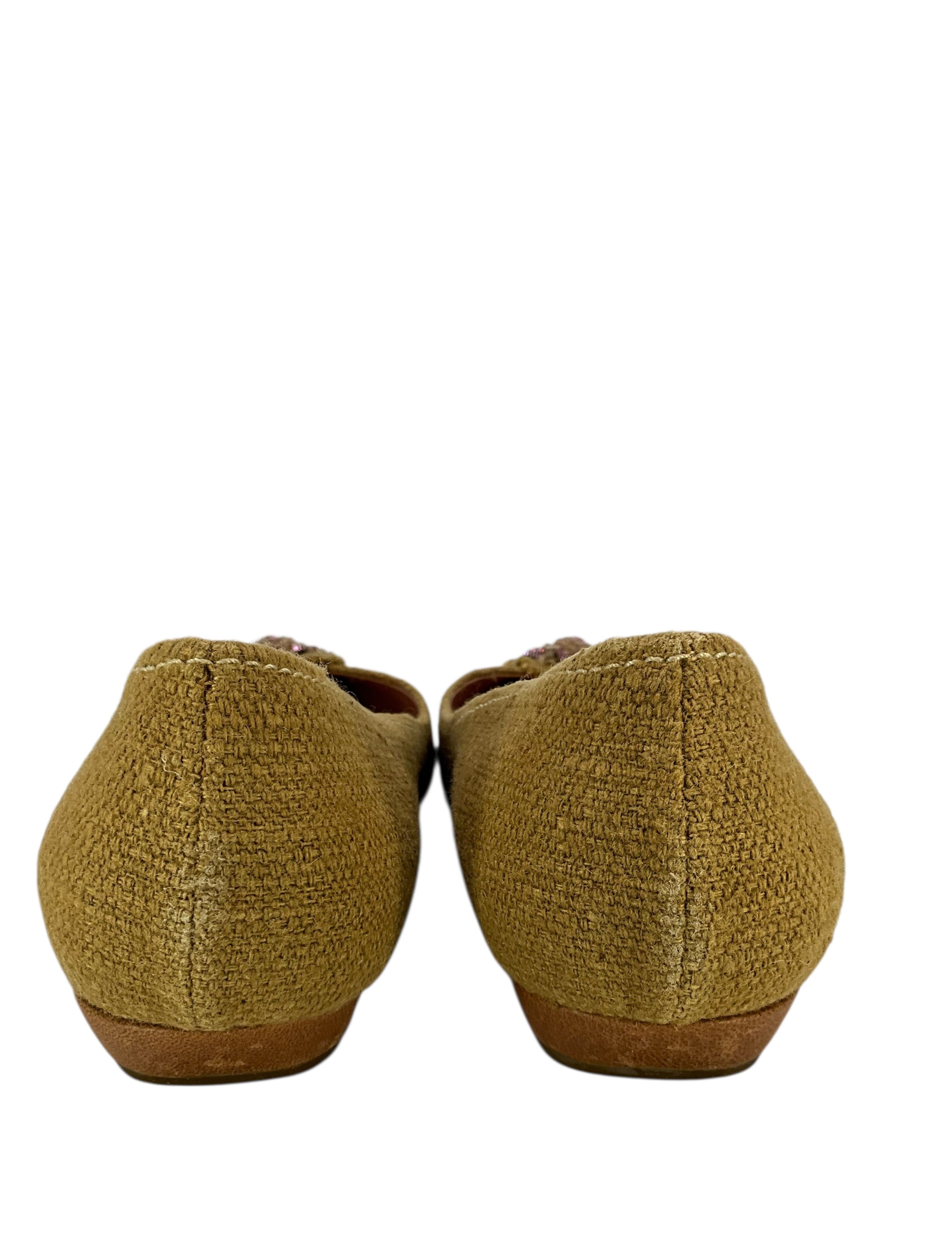 Prada Burlap and Leather Cap Toe Embellished Flats Size 10.5
