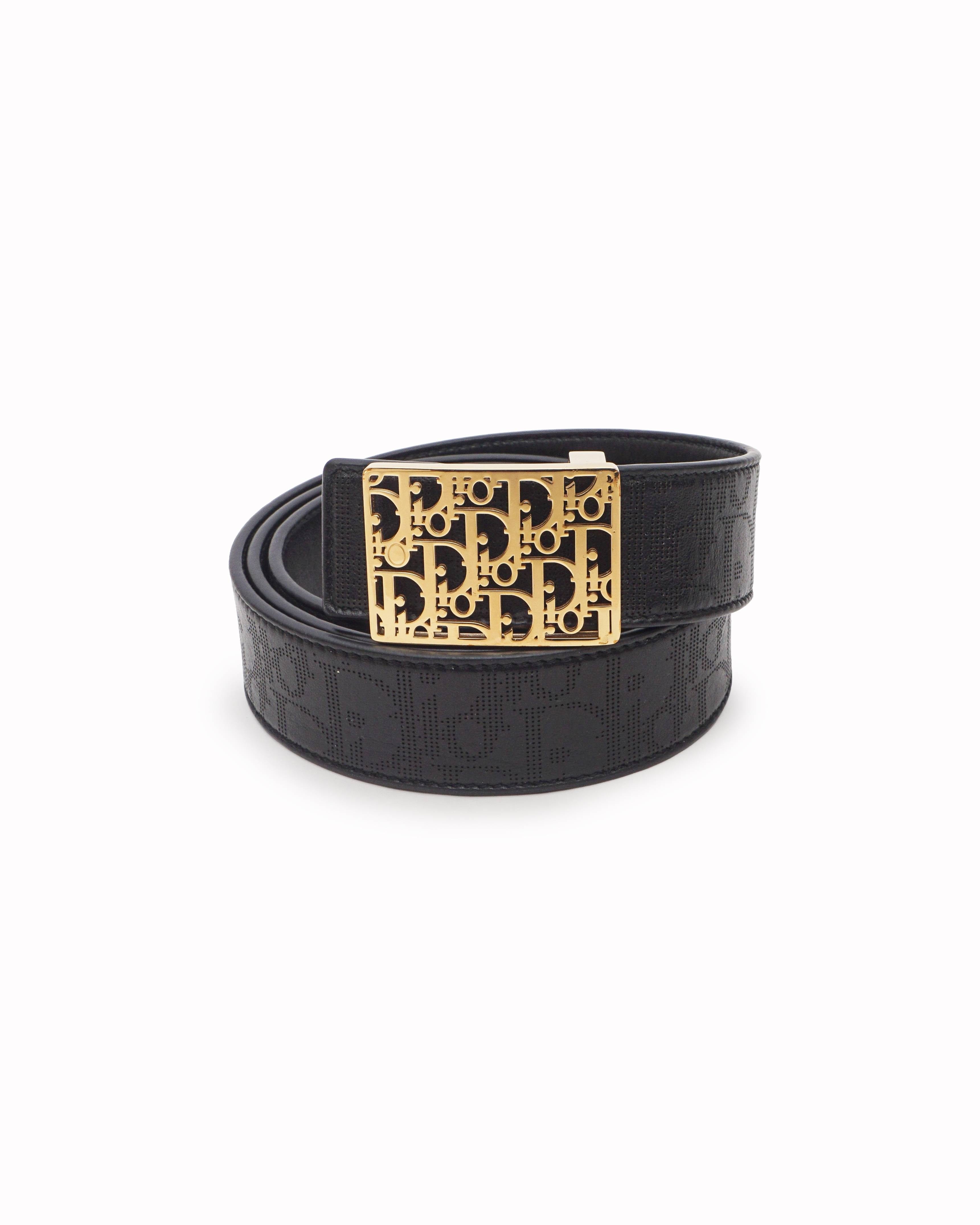 Dior Christian Dior Black Oblique Leather Gold Monogram Plaque Buckle Belt