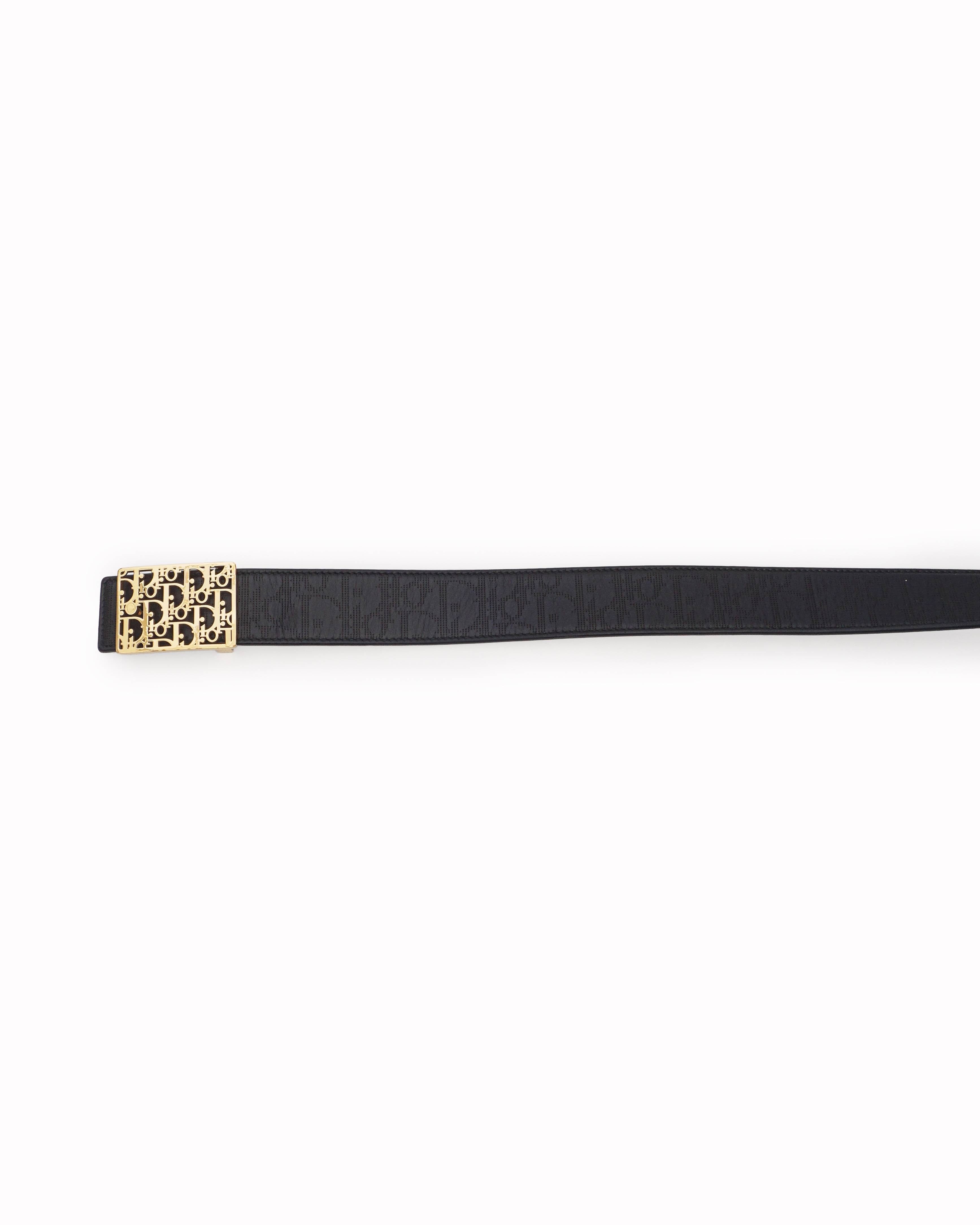 Dior Christian Dior Black Oblique Leather Gold Monogram Plaque Buckle Belt