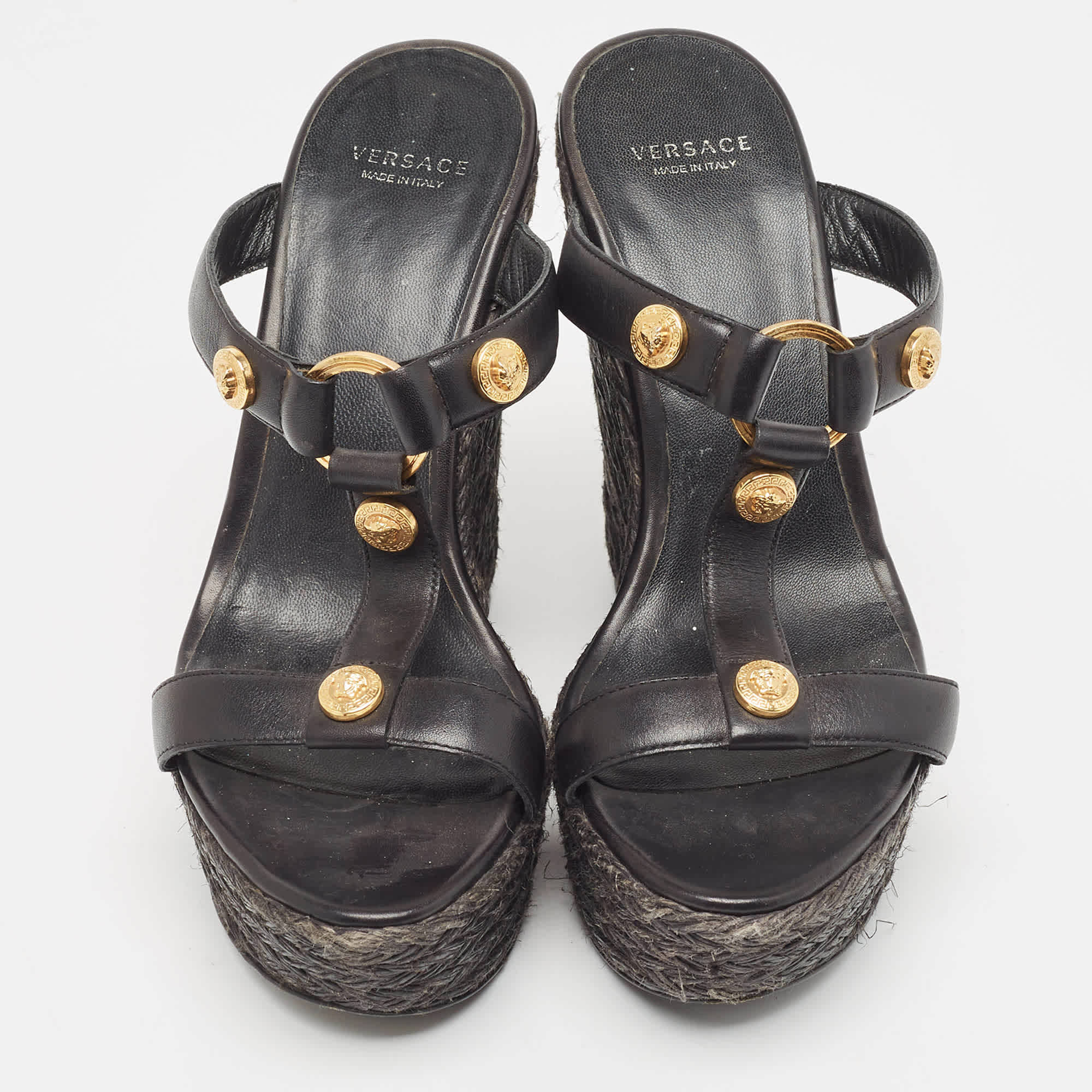 Versace Black Leather Embellished Wedge Sandals