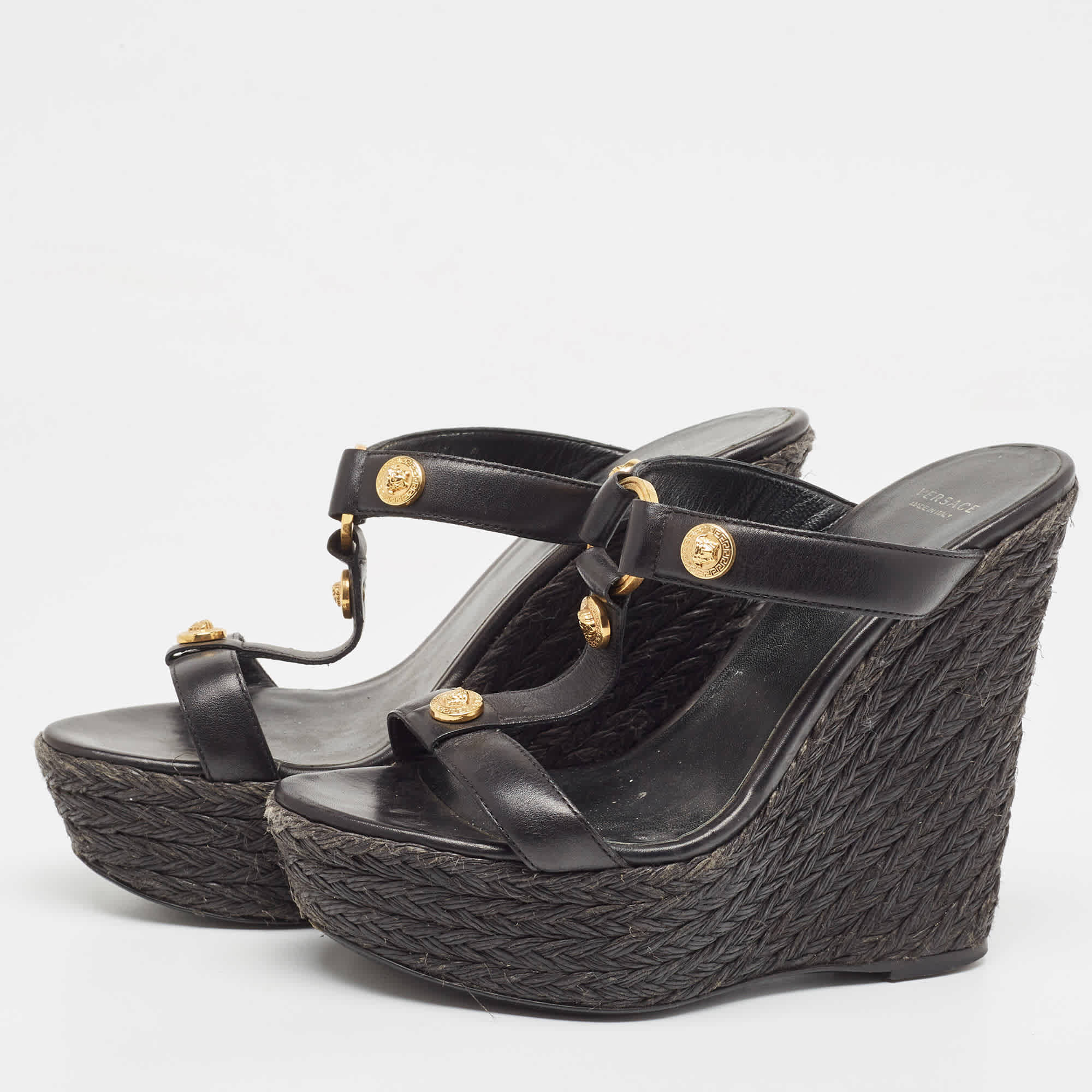 Versace Black Leather Embellished Wedge Sandals