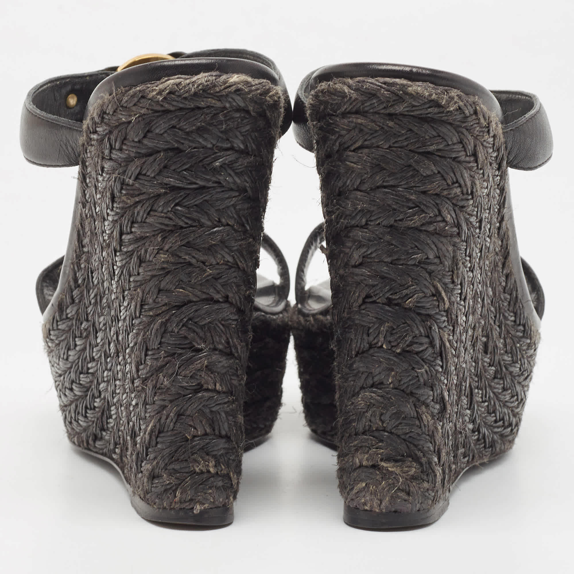 Versace Black Leather Embellished Wedge Sandals