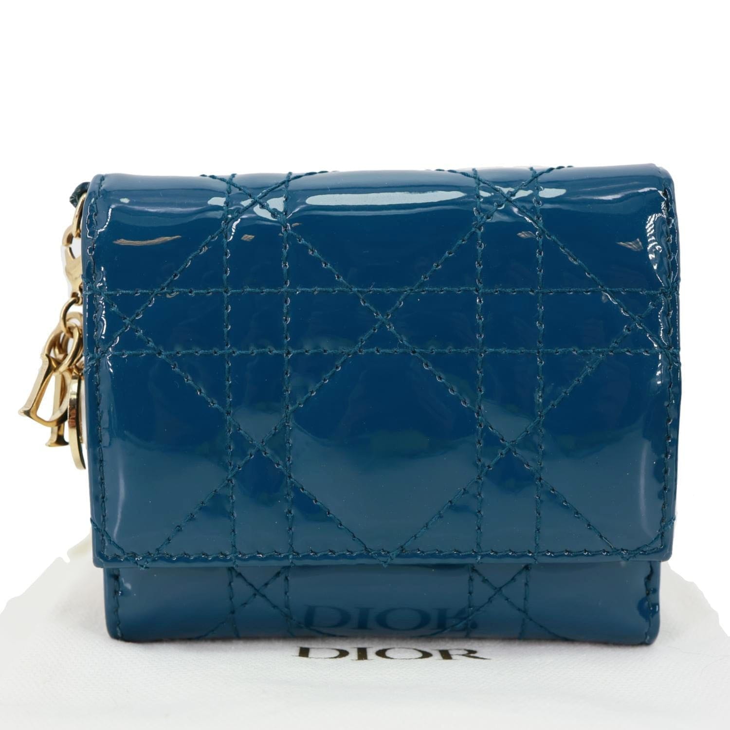 CHRISTIAN DIOR Lady Dior Lotus Cannage Patent Leather Wallet Blue