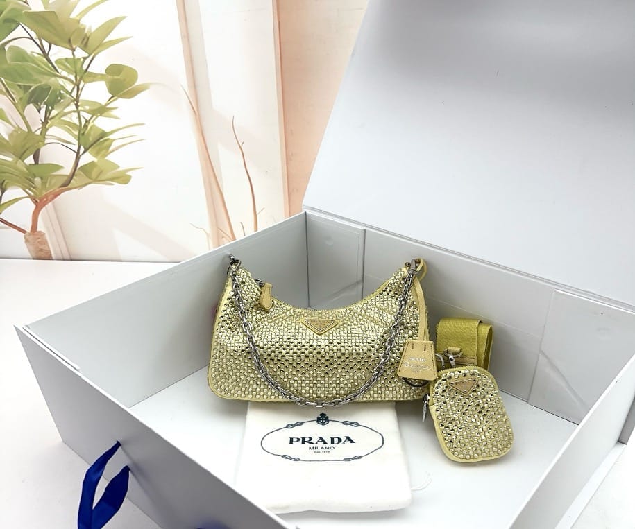 Prada Yellow Crystal Embellished Satin Re - Edition Shoulder Bag 22956262