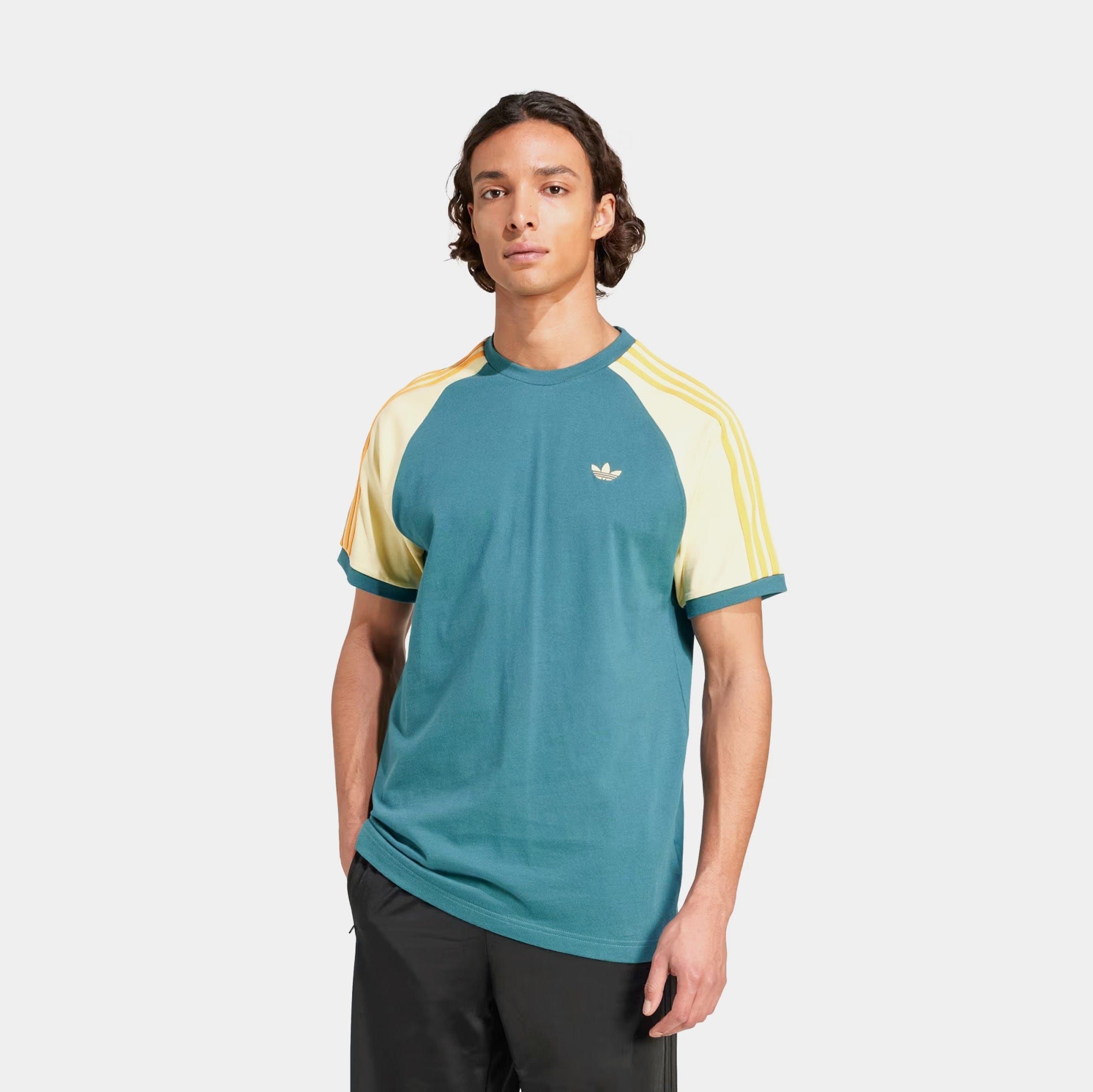 adidas Original Cali 3 Stripes Mens Short Sleeve Shirt (Tech Green/Almost Yellow/Hazy Orange)