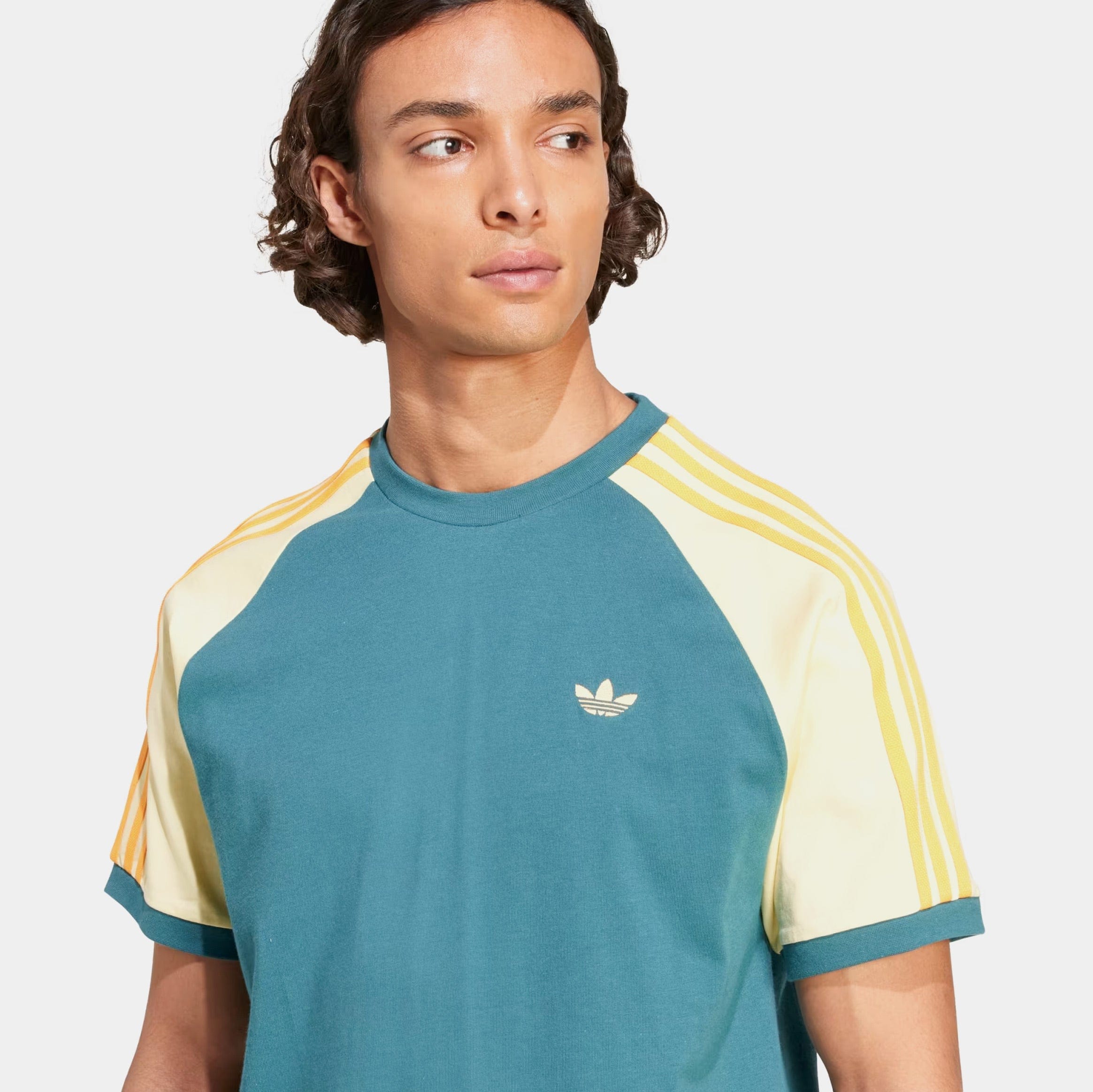 adidas Original Cali 3 Stripes Mens Short Sleeve Shirt (Tech Green/Almost Yellow/Hazy Orange)