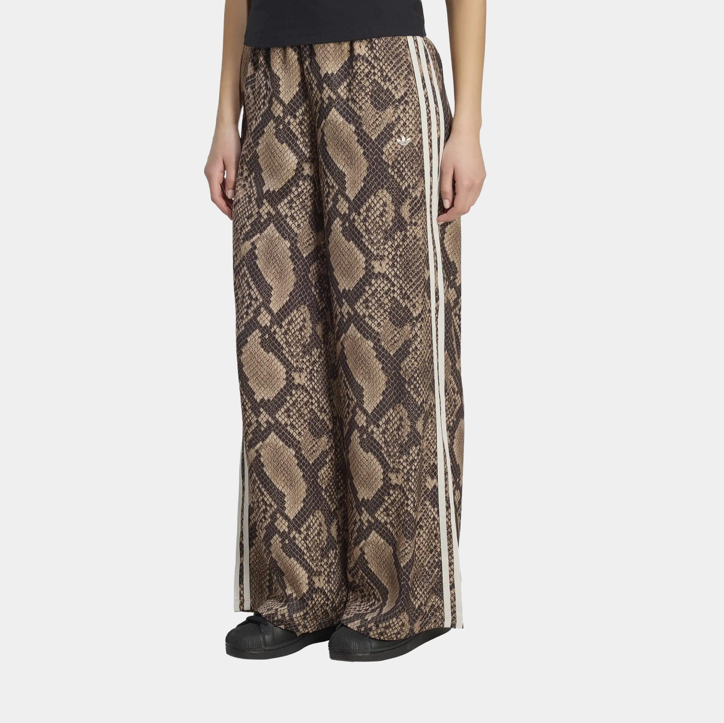 adidas Satin Snake Print Wide Leg Track Womens Pants (Linen/Magic Beige)