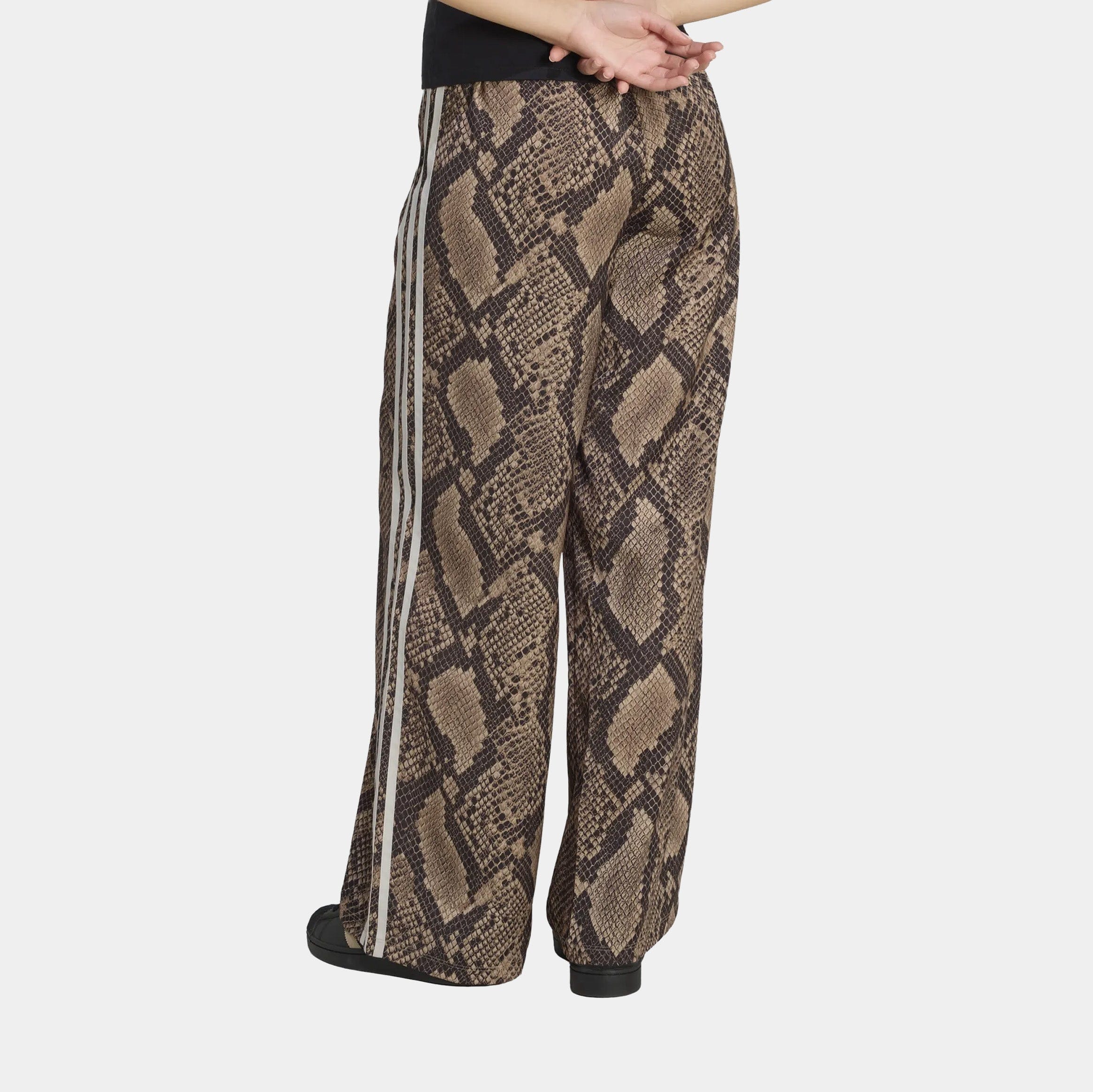 adidas Satin Snake Print Wide Leg Track Womens Pants (Linen/Magic Beige)