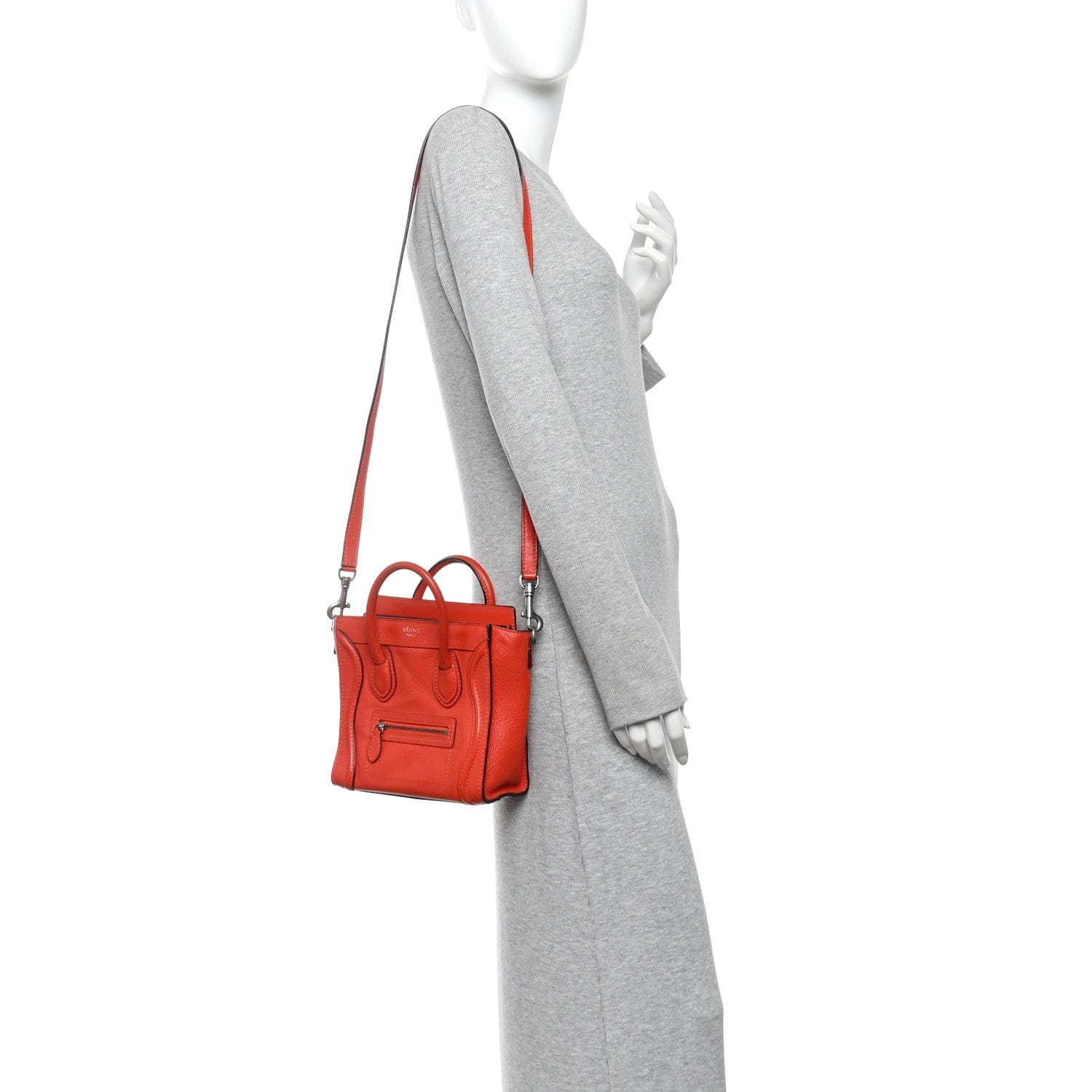 Celine Drummed Calfskin Nano Luggage Vermillion