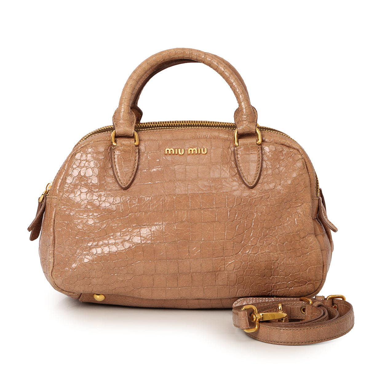 Miu Miu Calfskin Crocodile Embossed Leather Tan Shoulder Bag