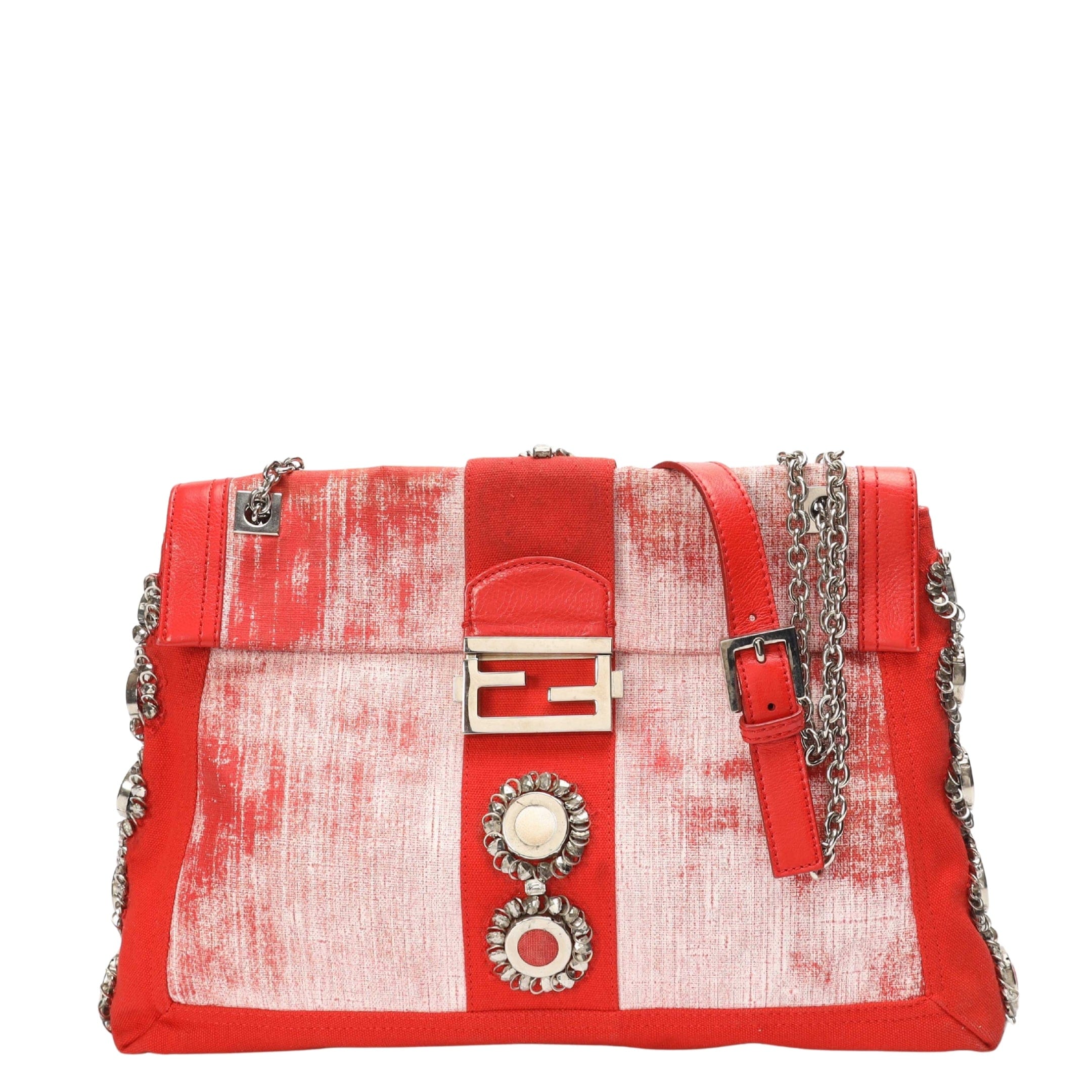 Fendi Red Maxi Baguette Embellished Shoulder Bag