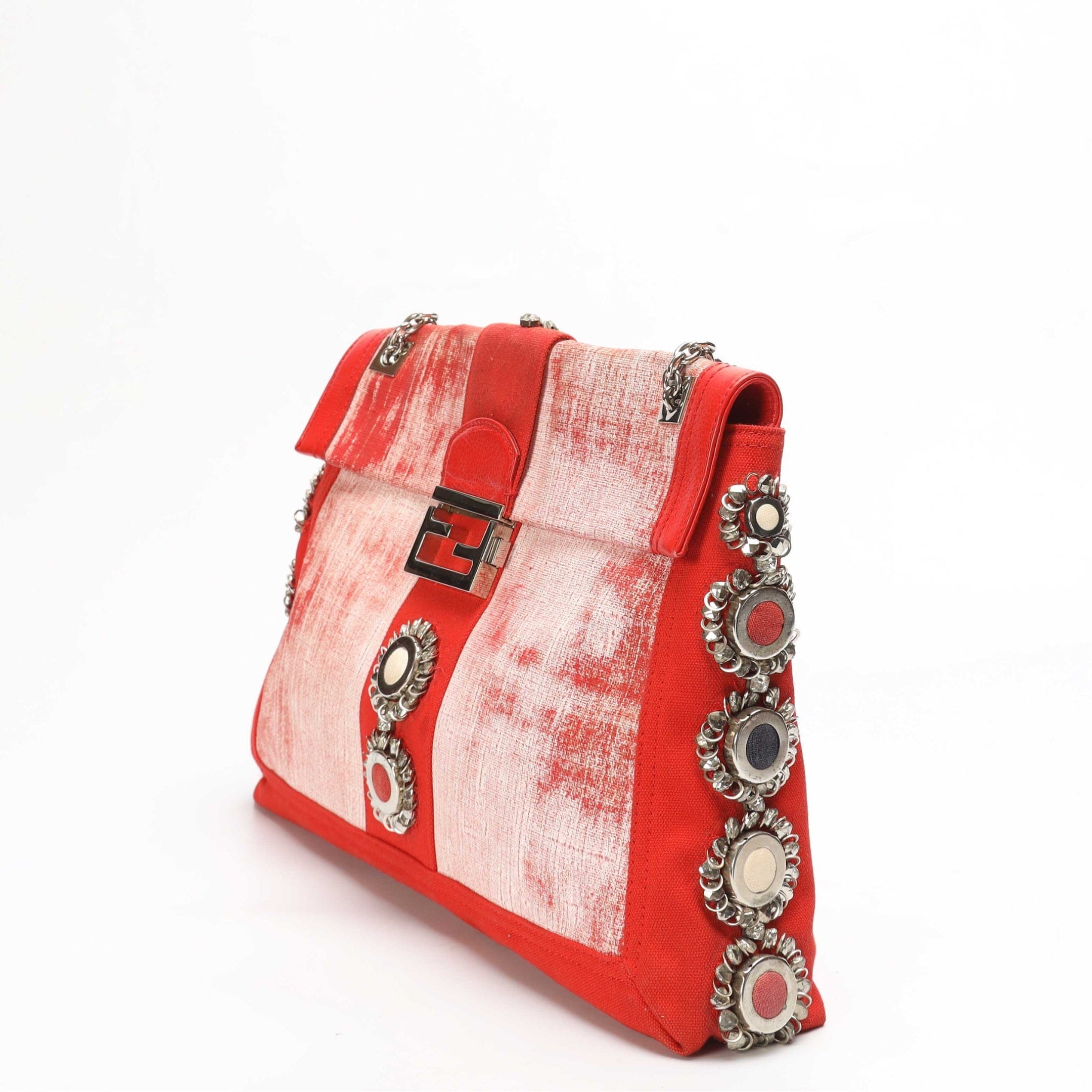 Fendi Red Maxi Baguette Embellished Shoulder Bag