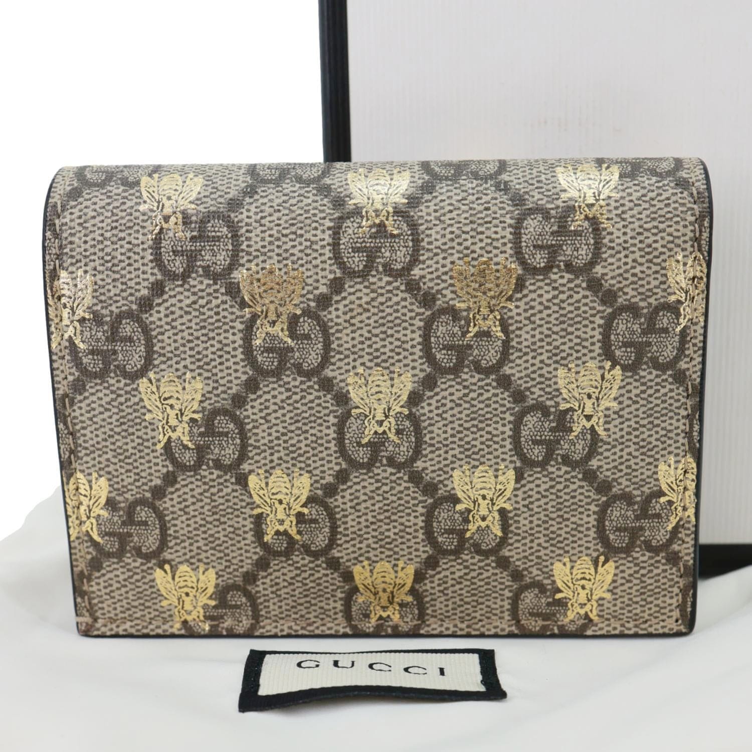 GUCCI GG Supreme Bee Print Canvas Wallet Card Case Beige 503757