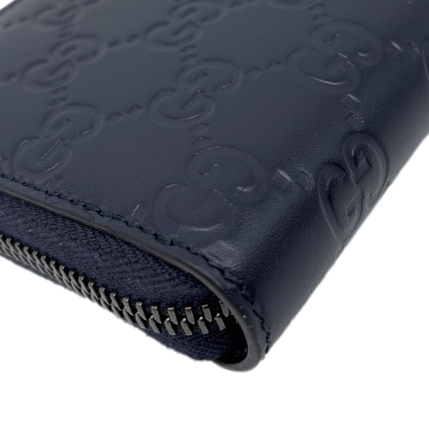 GUCCI GG Leather Zip Around Wallet Navy Blue 307987