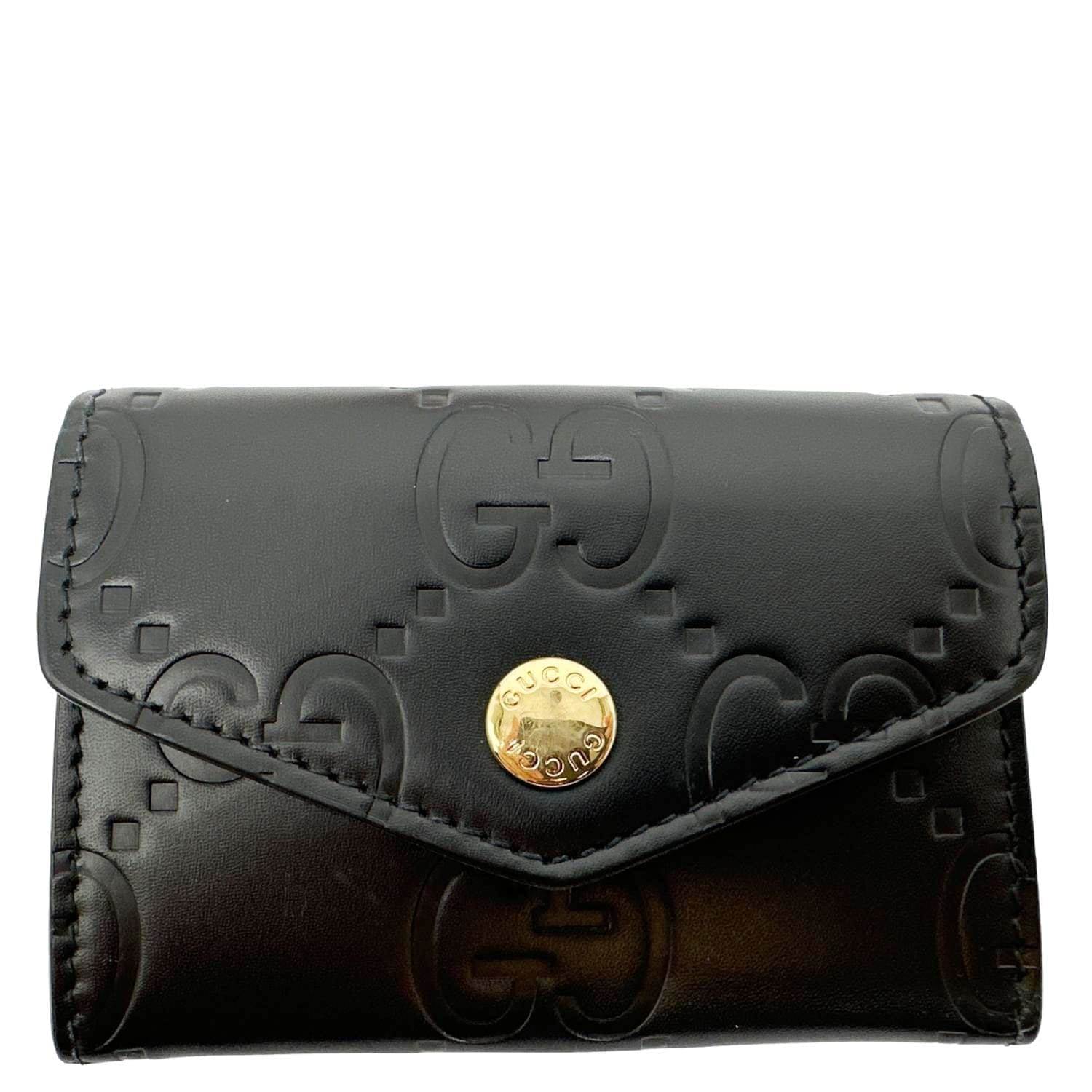 GUCCI Snap Gilbert Jumbo GG Calfskin Embossed Leather Wallet Black 772792