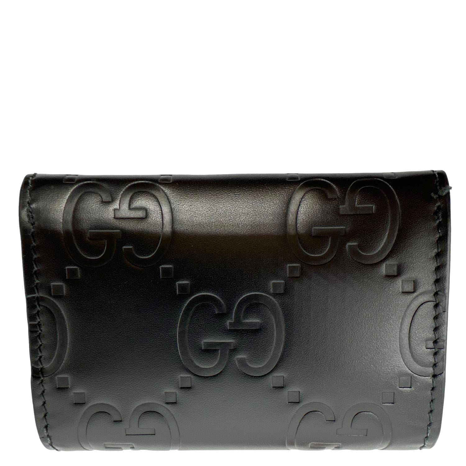 GUCCI Snap Gilbert Jumbo GG Calfskin Embossed Leather Wallet Black 772792