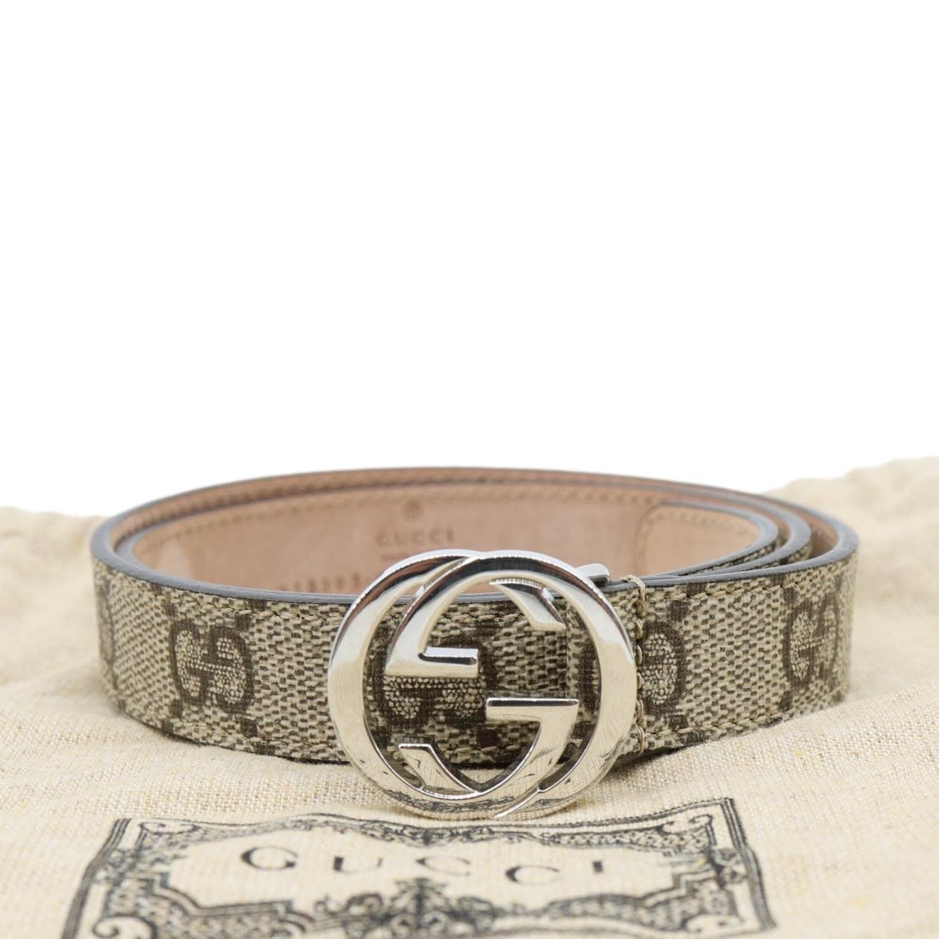 GUCCI Interlocking G Buckle GG Supreme Canvas Belt Beige 258395